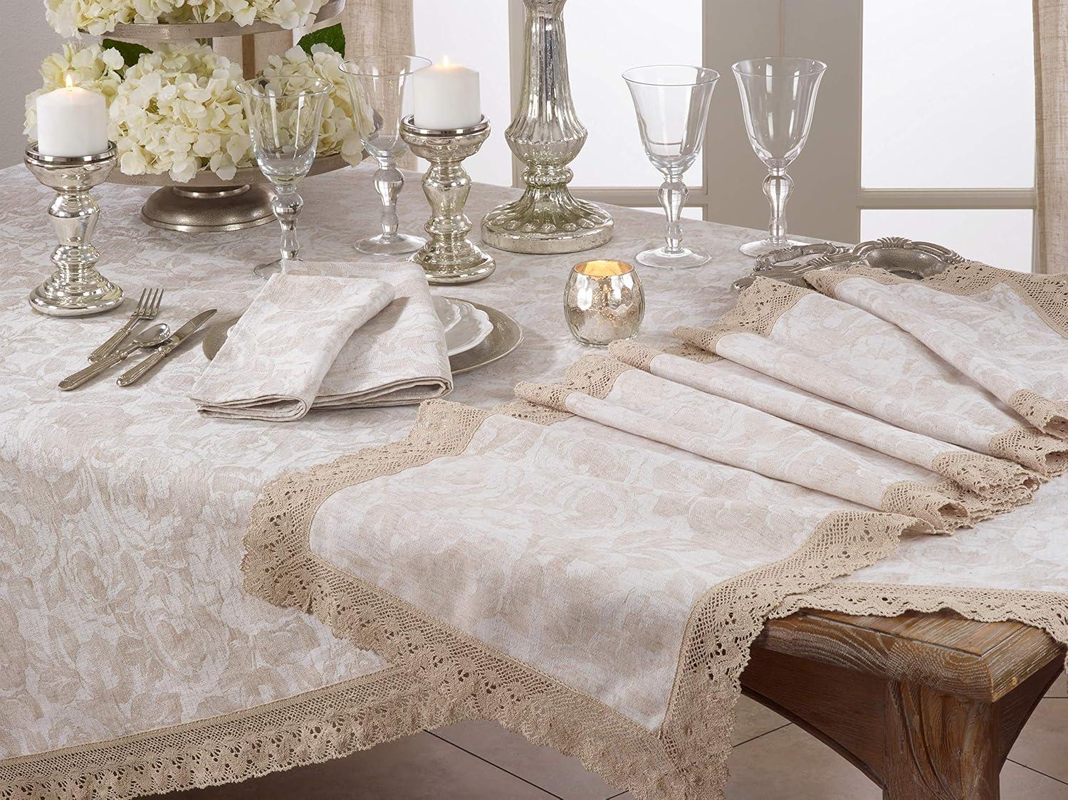 Natural Cotton Linen Jacquard Lace Trim Table Runner 16" x 120"