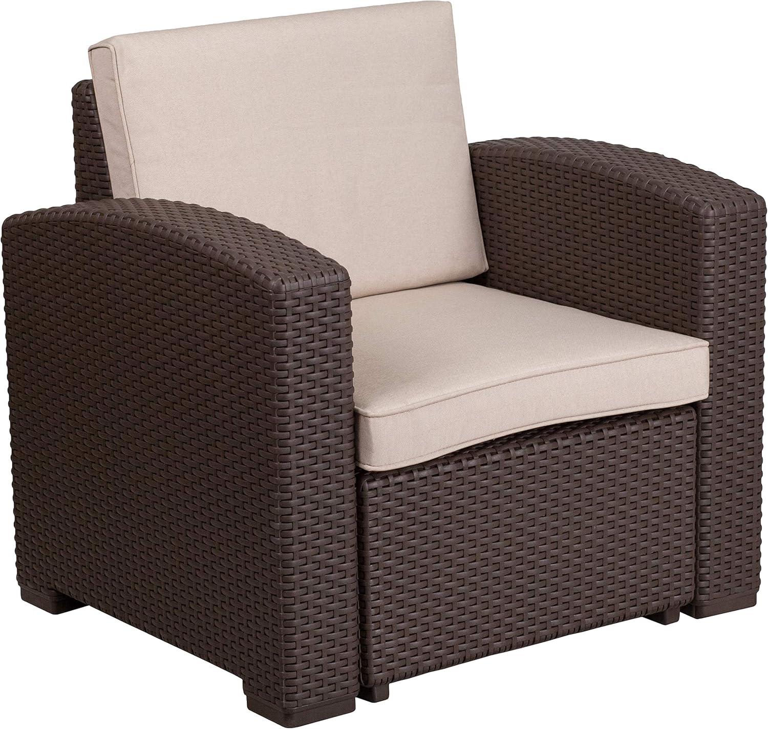 Merrick Lane 4 Piece Dark Gray Faux Rattan Patio Furniture Set with 2 Chairs and Sofa with Removable Light Gray Cushions and Table