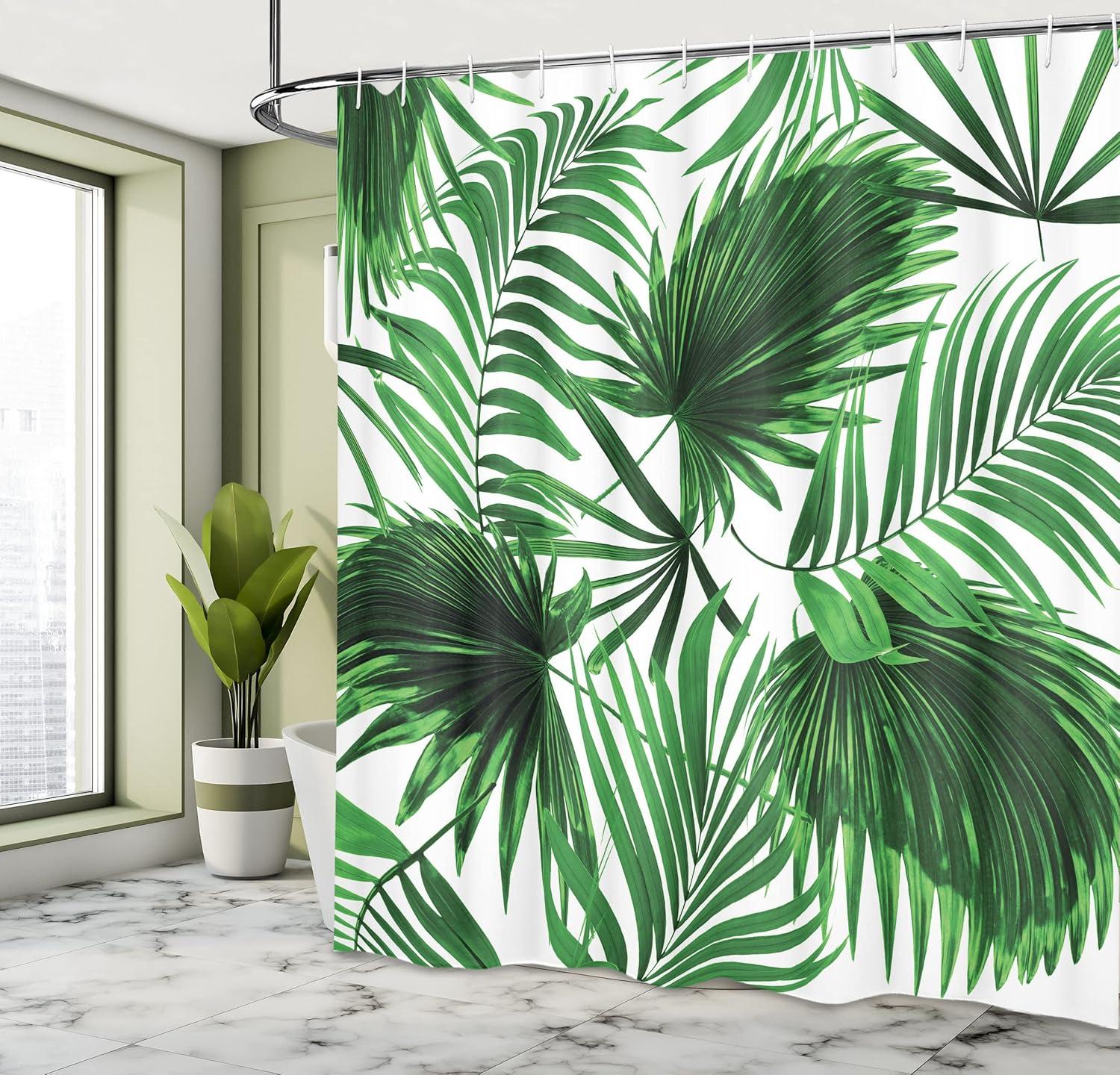 Ambesonne Palm Leaf Shower Curtain, Vivid Leaves Growth, 69"Wx84"L, Fern Green White