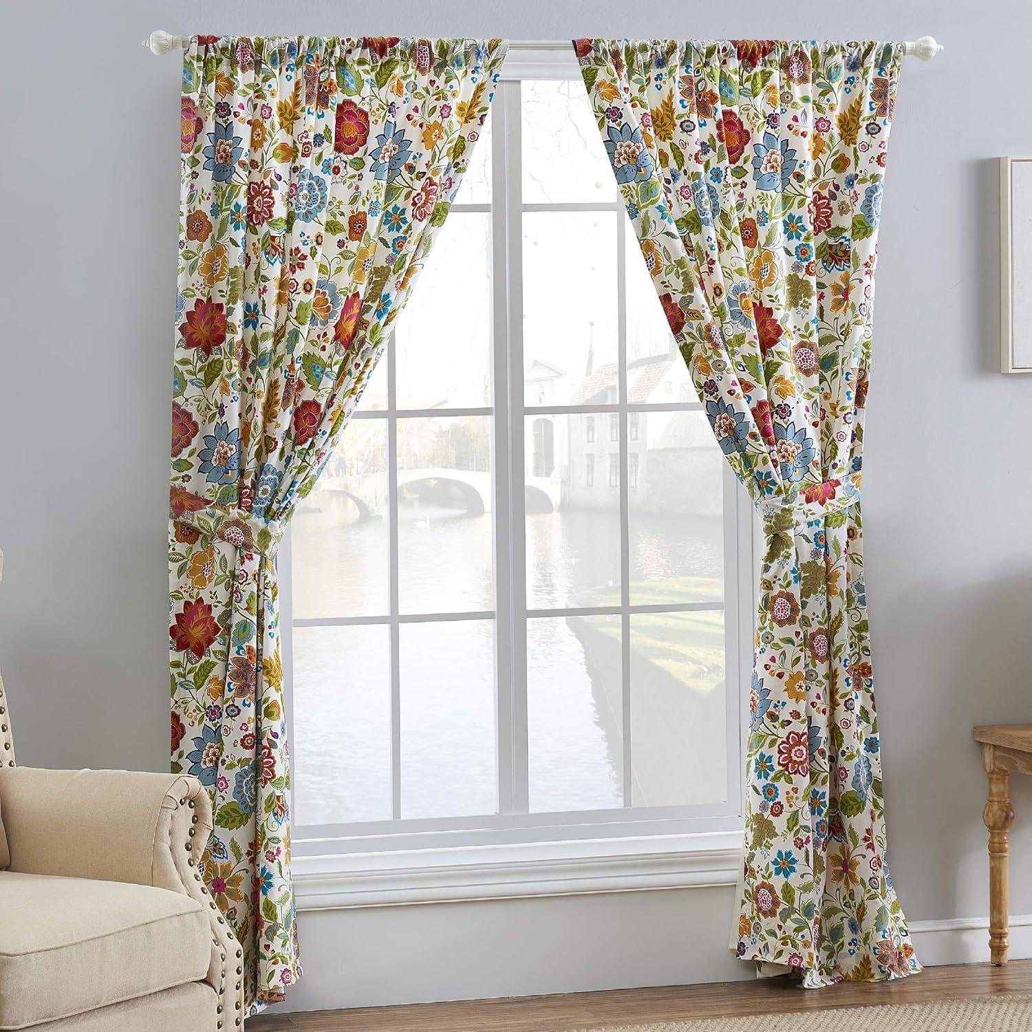 White Floral Polyester Sheer Rod Pocket Drapes