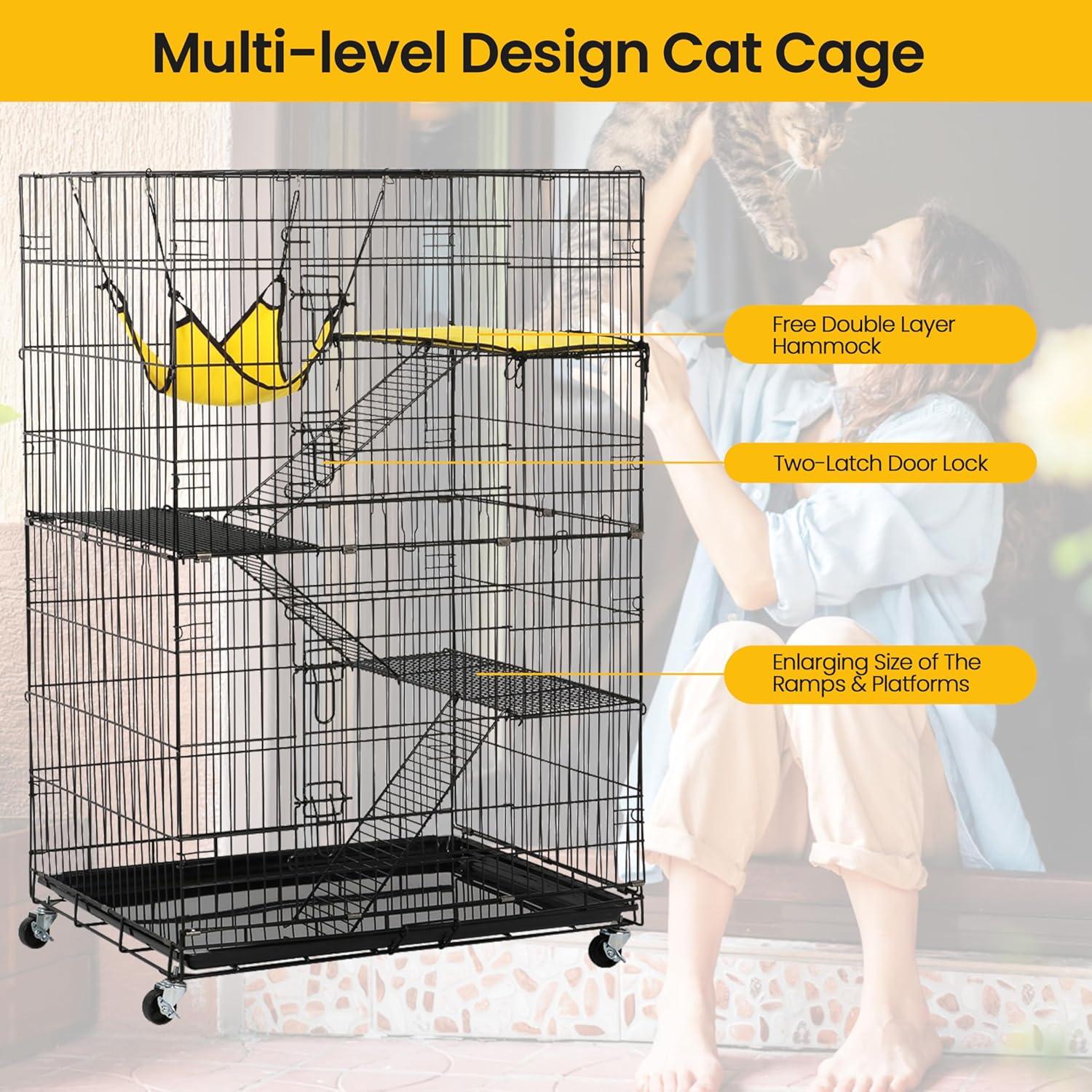 Yaheetech 4 Tiers Rolling Metal Cat Cage on Wheels Black