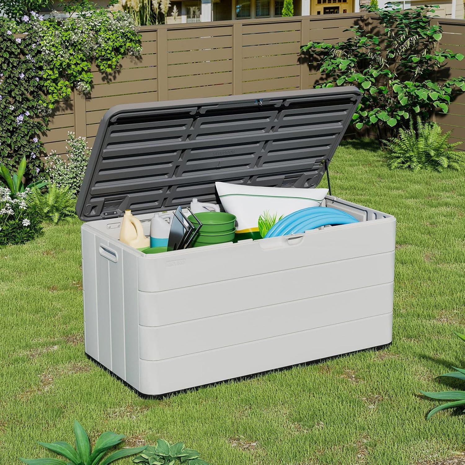 Large White and Gray Lockable Plastic Deck Box