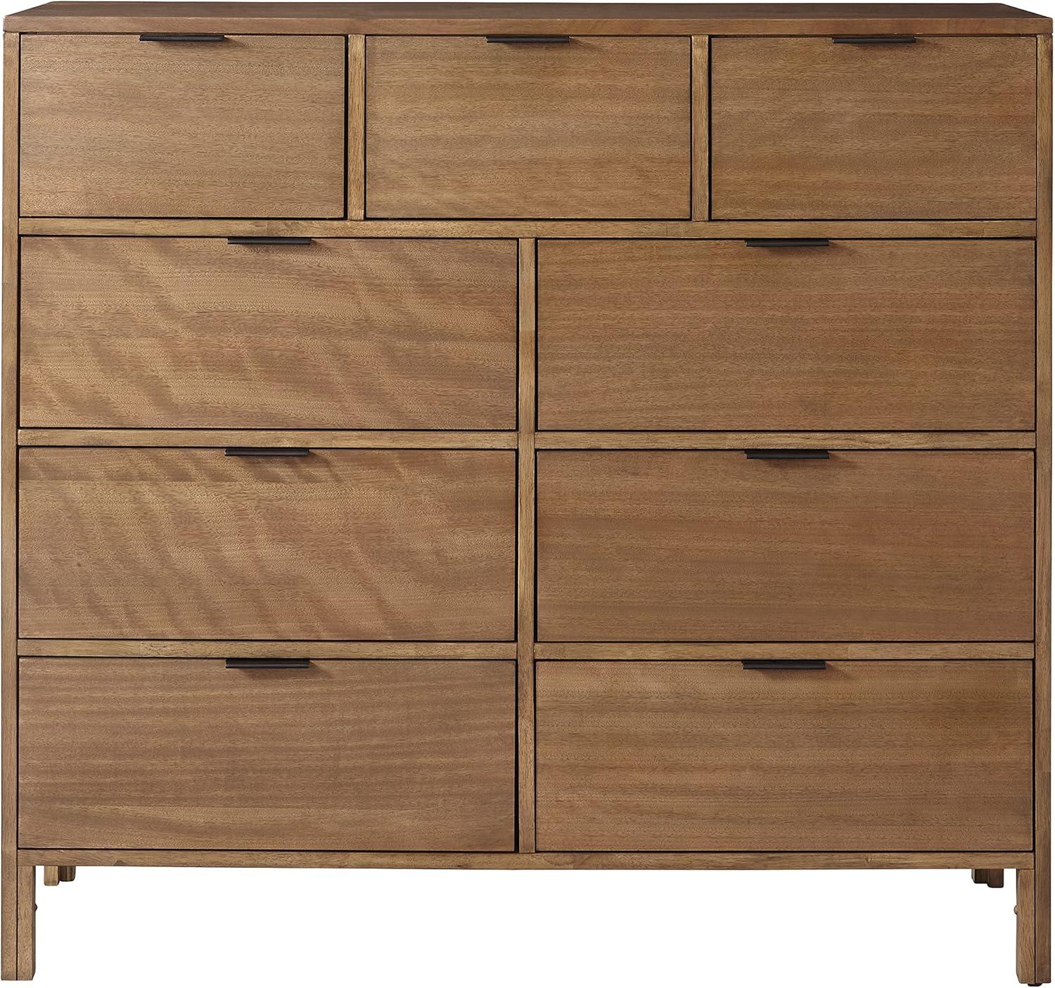 Rustic Jute-Brown 9-Drawer Dresser with Bronze Accents