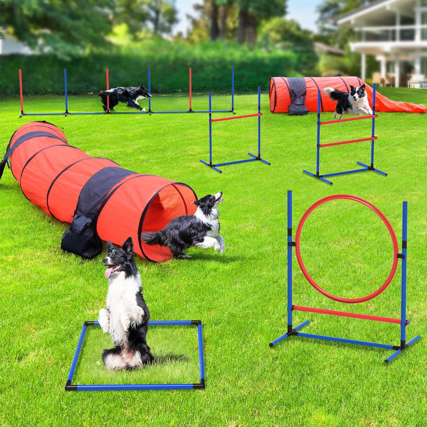 Dog Agility Equipments, Includes Flirt Pole Toy, 3 Flying Discs, 2 Agility Tunnel, 3 Jumps, 6 Weave Poles, Pause Box,Agility Course Set for Backyard, Indoor, Outdoor