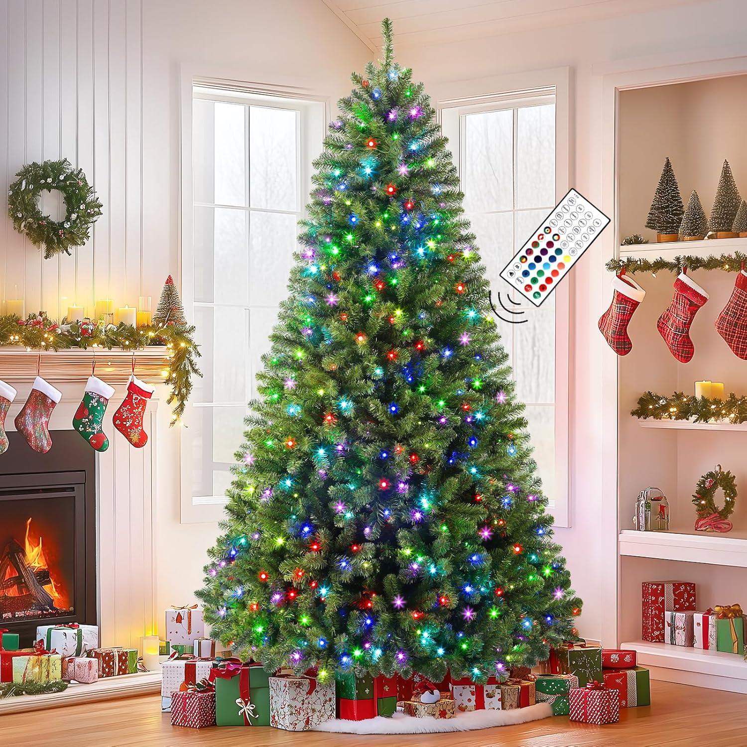 7.5ft Prelit Green Artificial Christmas Tree with Multi-Color Lights and Metal Stand