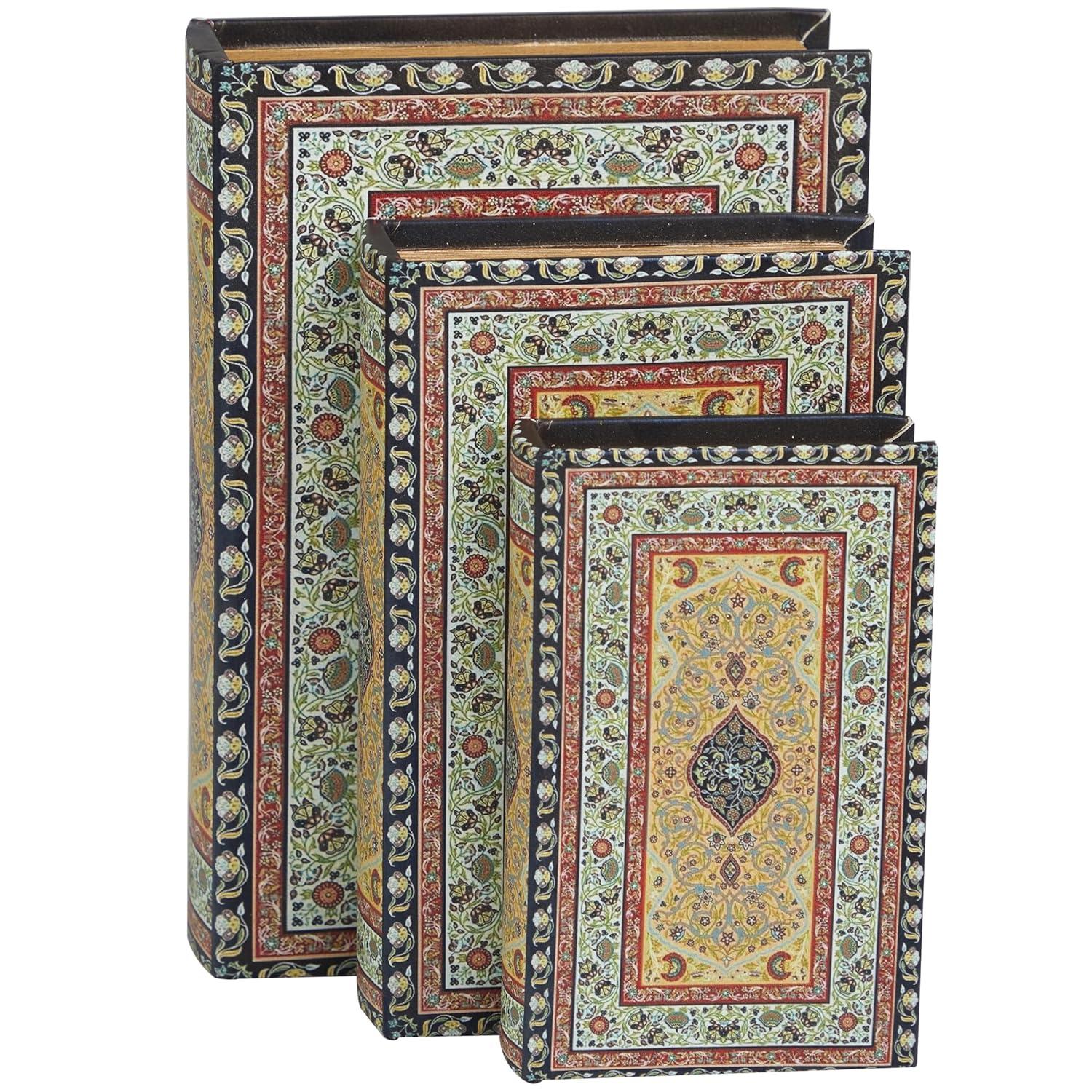 Deco 79 Canvas Decorative Box Storage Book Book Shaped Boxes with Arabesque Pattern and Gold Page Inspired Detail, Set of 3 Decorative Keepsake Boxes 12, 10, 8" H, Multi Colored