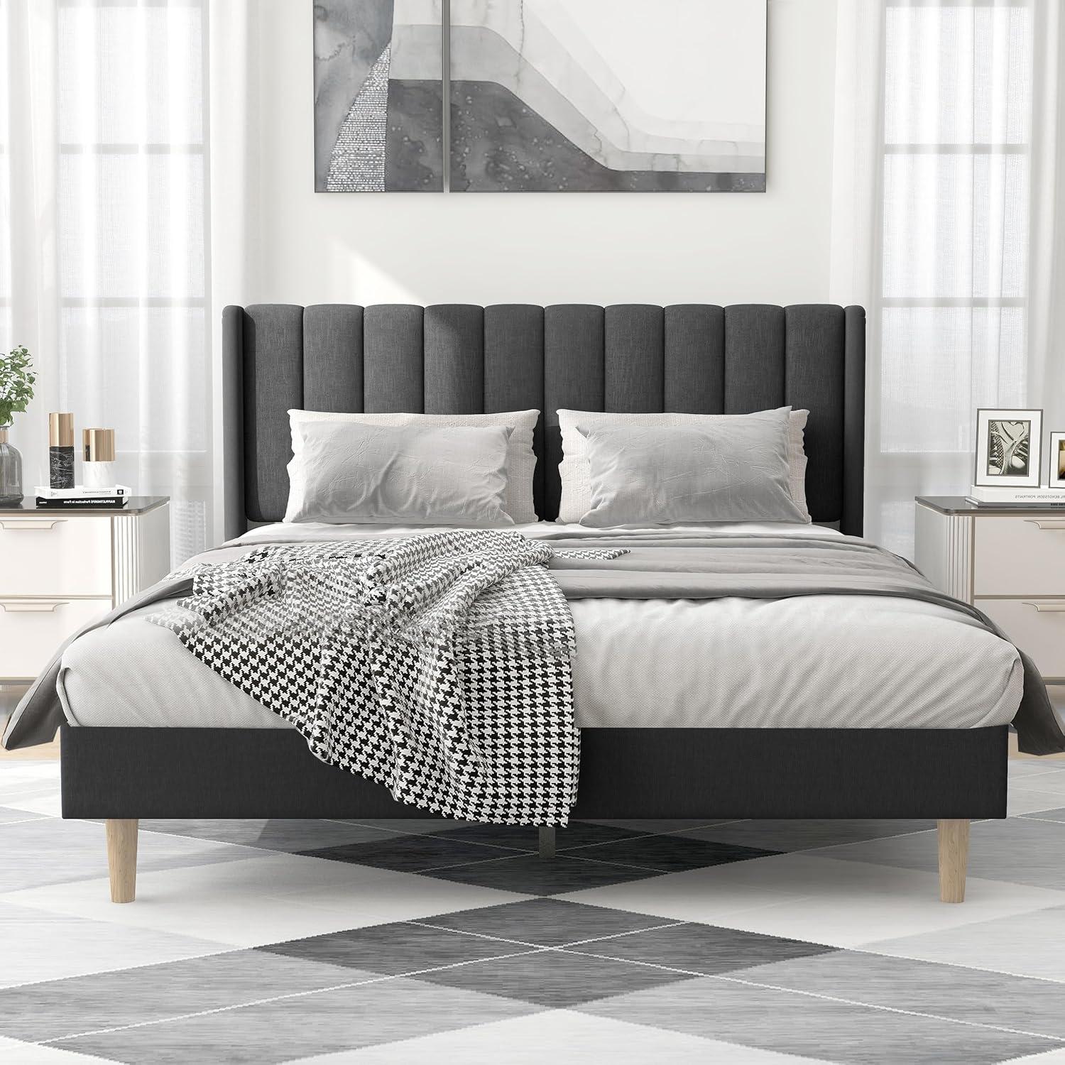 Alazyhome  Upholstered Platform Bed Frame No White Linen Queen