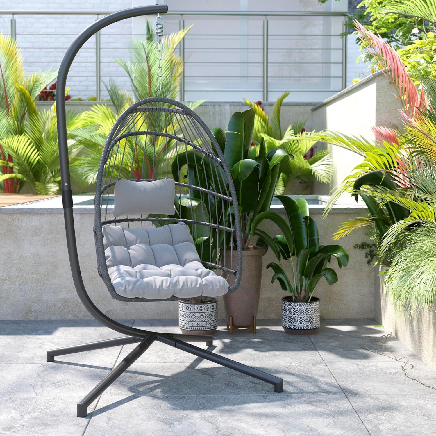 Flash Furniture Cleo Patio Hanging Egg Chair, Wicker Hammock with Soft Seat Cushions & Swing Stand, Indoor/Outdoor Gray Frame-Gray Cushions