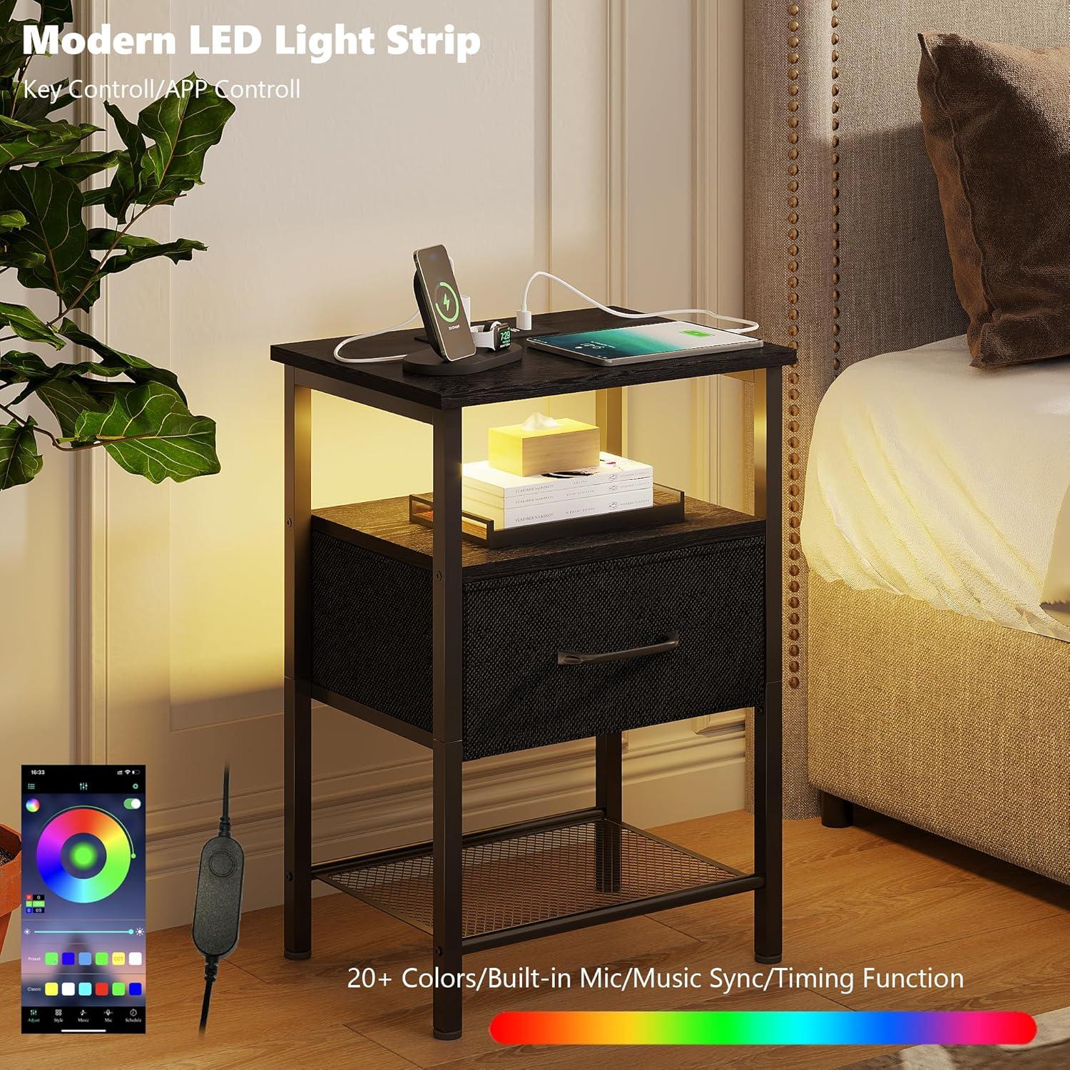 End Table with Charging Station, Narrow Side Table with 2 Fabric Drawers, Skinny Nightstand with LED Light, Slim Bedside Table for Bedroom, Living Room, Small Spaces, White