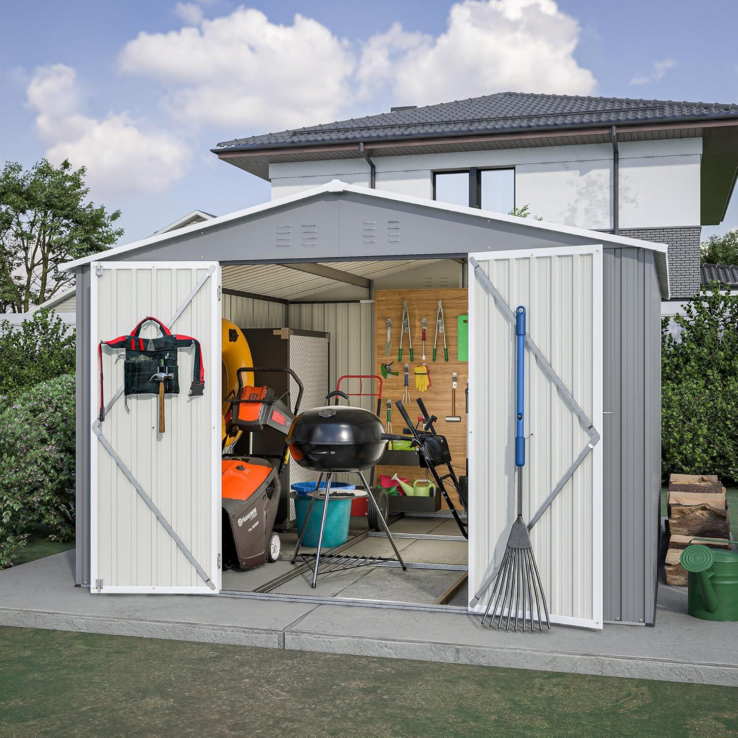 LZBEITEM 10 x 10 ft Outdoor Storage Shed with Floor Frame Kit, Galvanized Steel Garden Sheds, Garden Tool Shed with Double Lockable Doors for Backyard Patio Lawn, Grey
