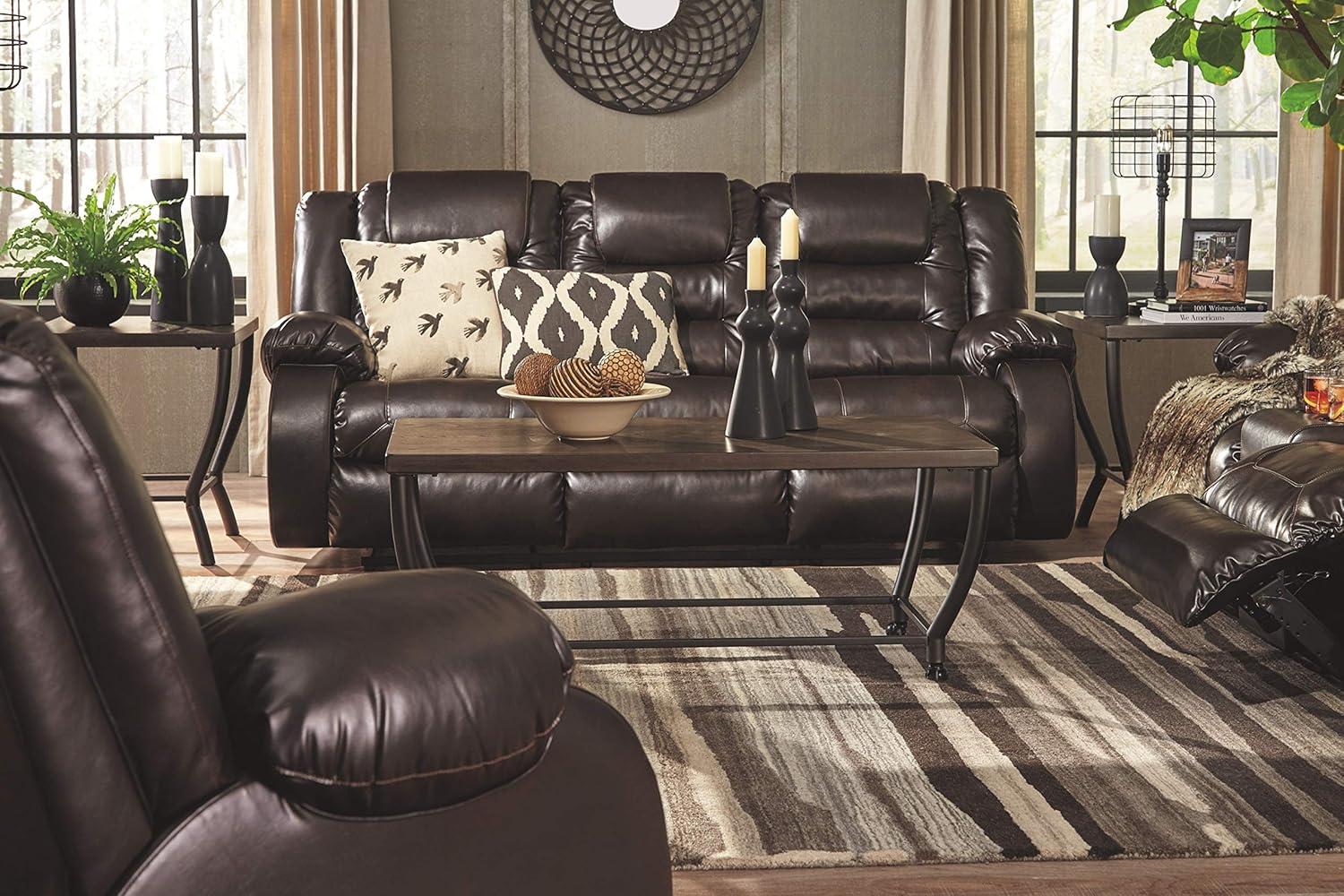 Vacherie Chocolate Faux Leather Reclining Sofa with Cup Holder