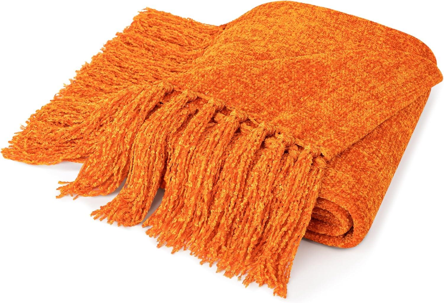 PAVILIA Chenille Throw Blanket with Woven Knitted Tassel Fringe for Couch, Living Room Decor and Bed