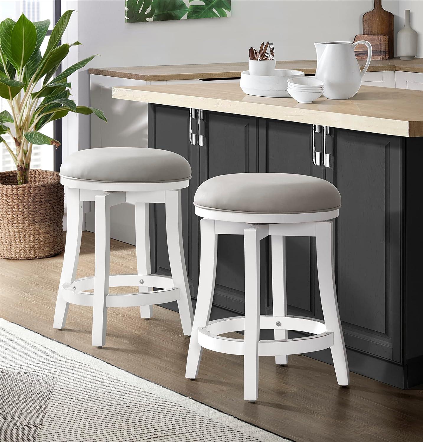 Alaterre Ellie Upholstered Swivel Bar Stool Chairs with Padded Seat and Back, Rubberwood Frame with Metal Kick Plate