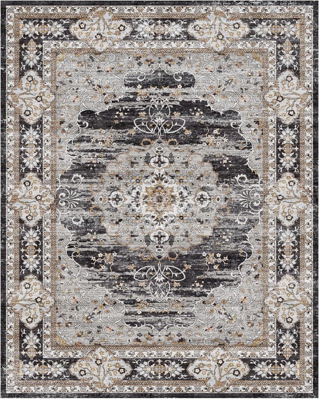 WhizMax 8'x10' Area Rug Vintage Washable Area Rugs Non-Slip Boho Floral Print Rug Persian Distressed Soft Low-Pile Carpet for Dining Room Playroom, Black