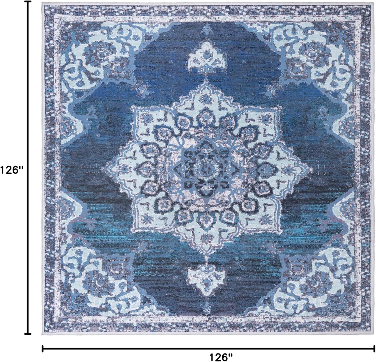 Navy Blue Medallion Synthetic Washable Square Rug
