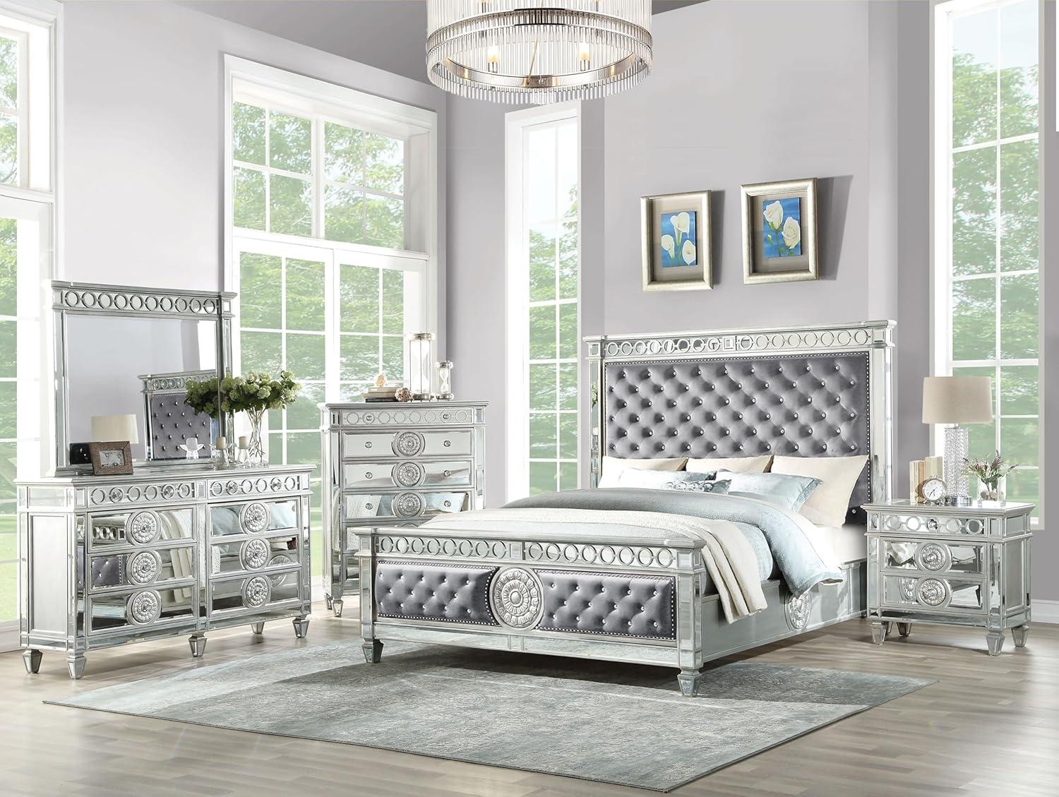 90" Queen Bed Varian Bed Gray Velvet and Mirrored - Acme Furniture