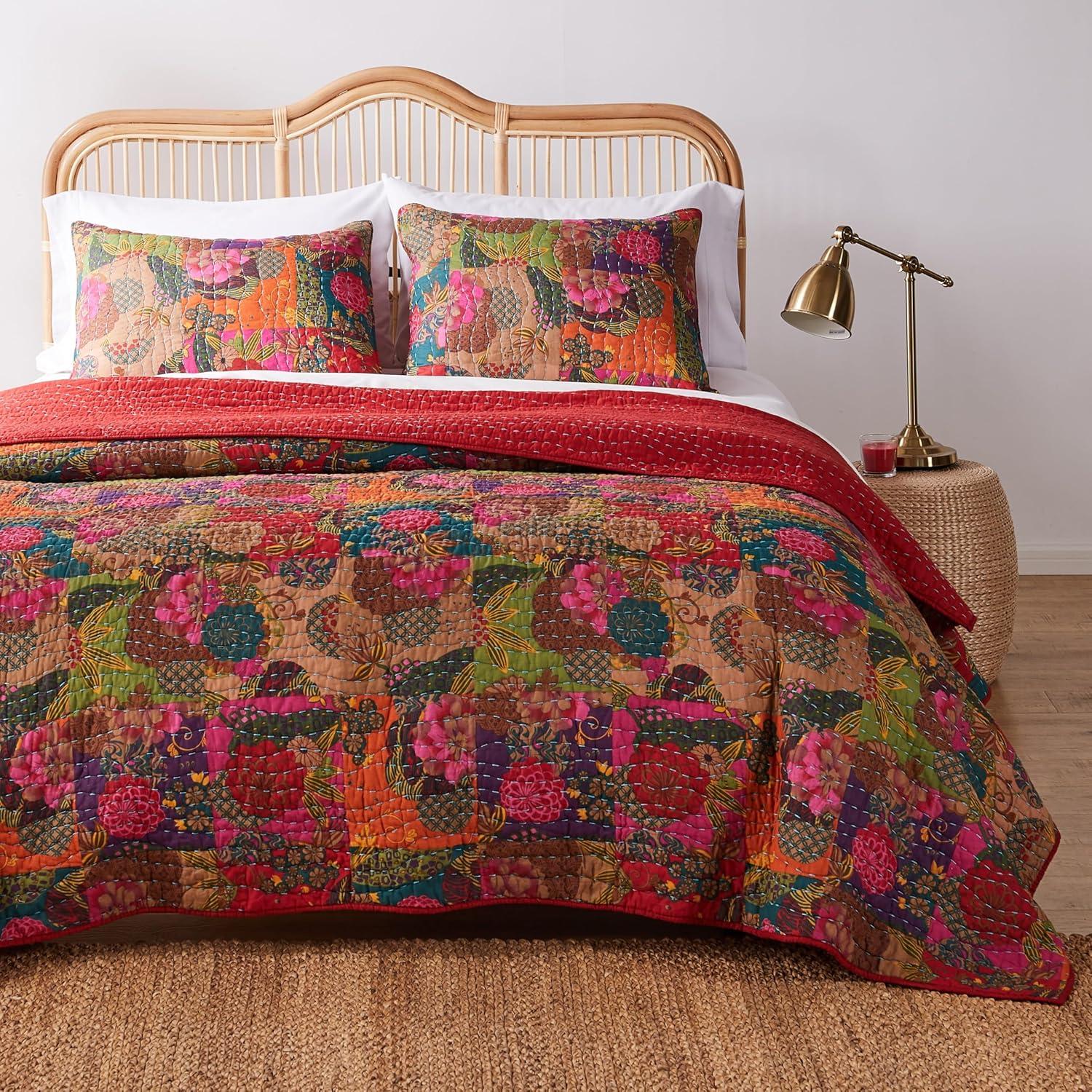 Greenland Home Fashions 3pc King Jewel Quilt Bedding Set Red/Pink/Green: Cotton Microfiber, Machine Washable