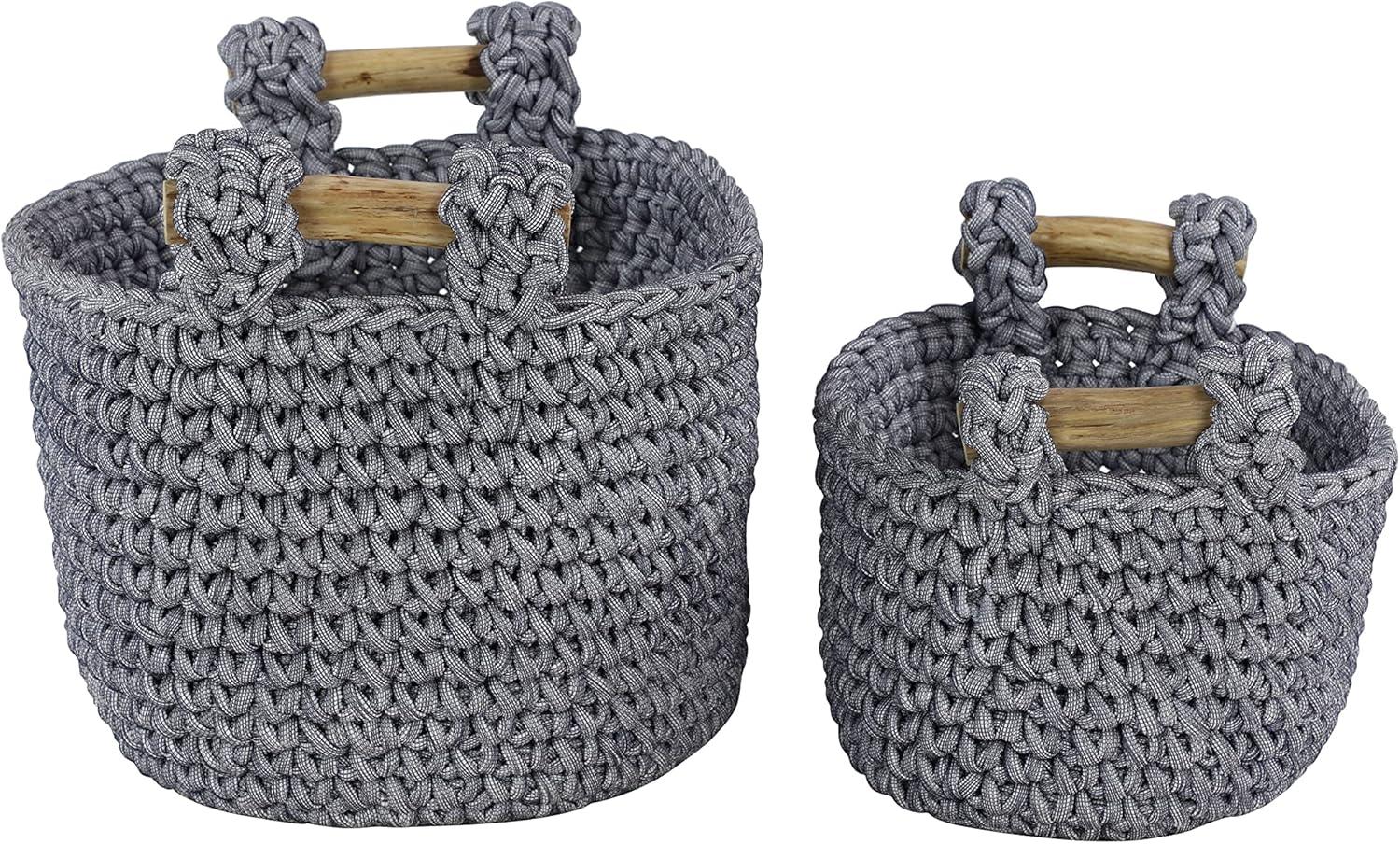 DecMode 13", 11"H Gray Polyester Handmade Storage Basket with Handles, 2-Pieces