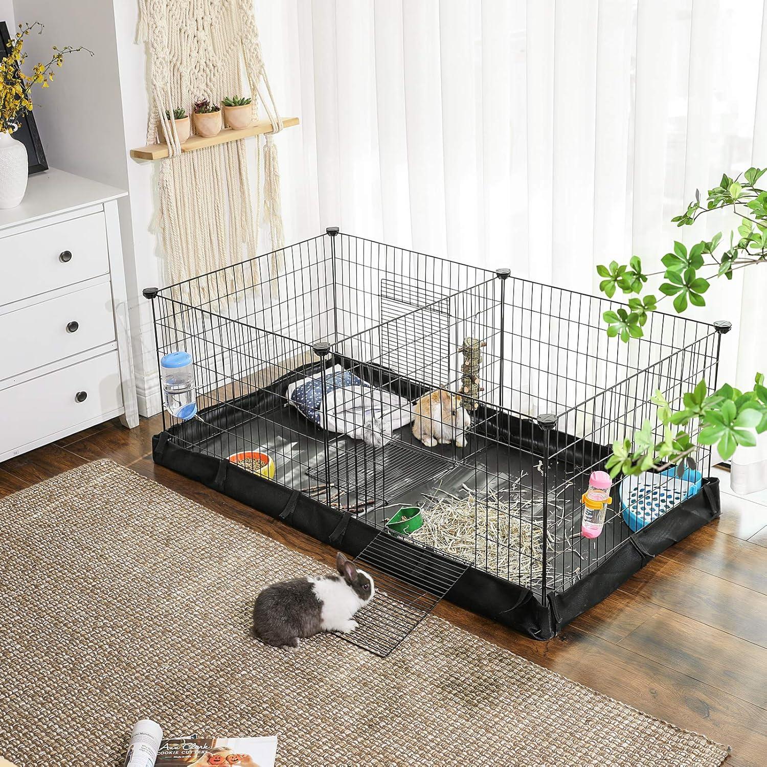 SONGMICS Guinea Pig Cages, Metal Grid Small Animal Playpen with Waterproof Liner, for Rabbits, Ferrets, Hedgehogs, 48.4 x 24.8 x 18.1 Inches, Black