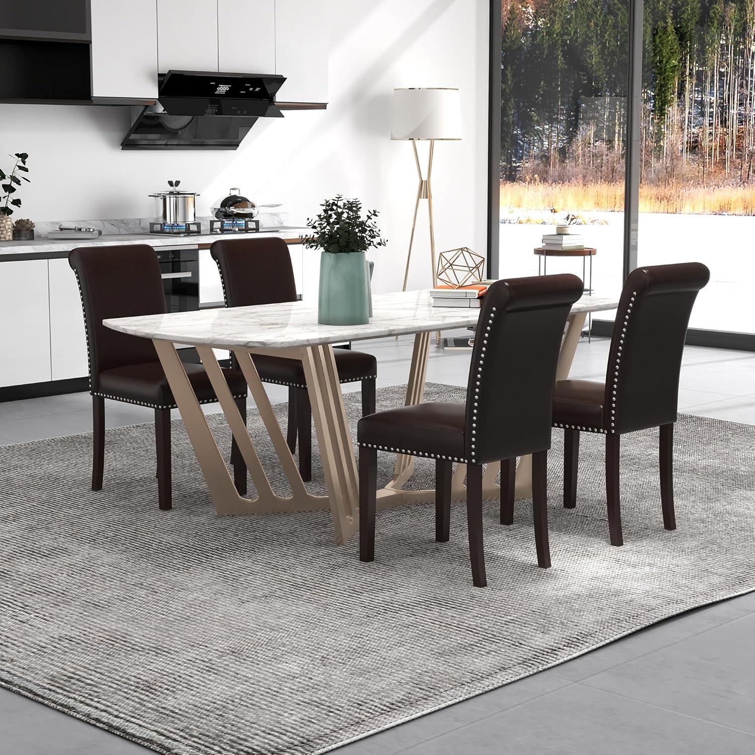 Westice Dining Room Chairs Set of 6 Upholstered PU Leather Kitchen Chairs Dining Room Side Chair with Nailhead Trim and Rubber Wood Legs for Small Space Apartment, Brown