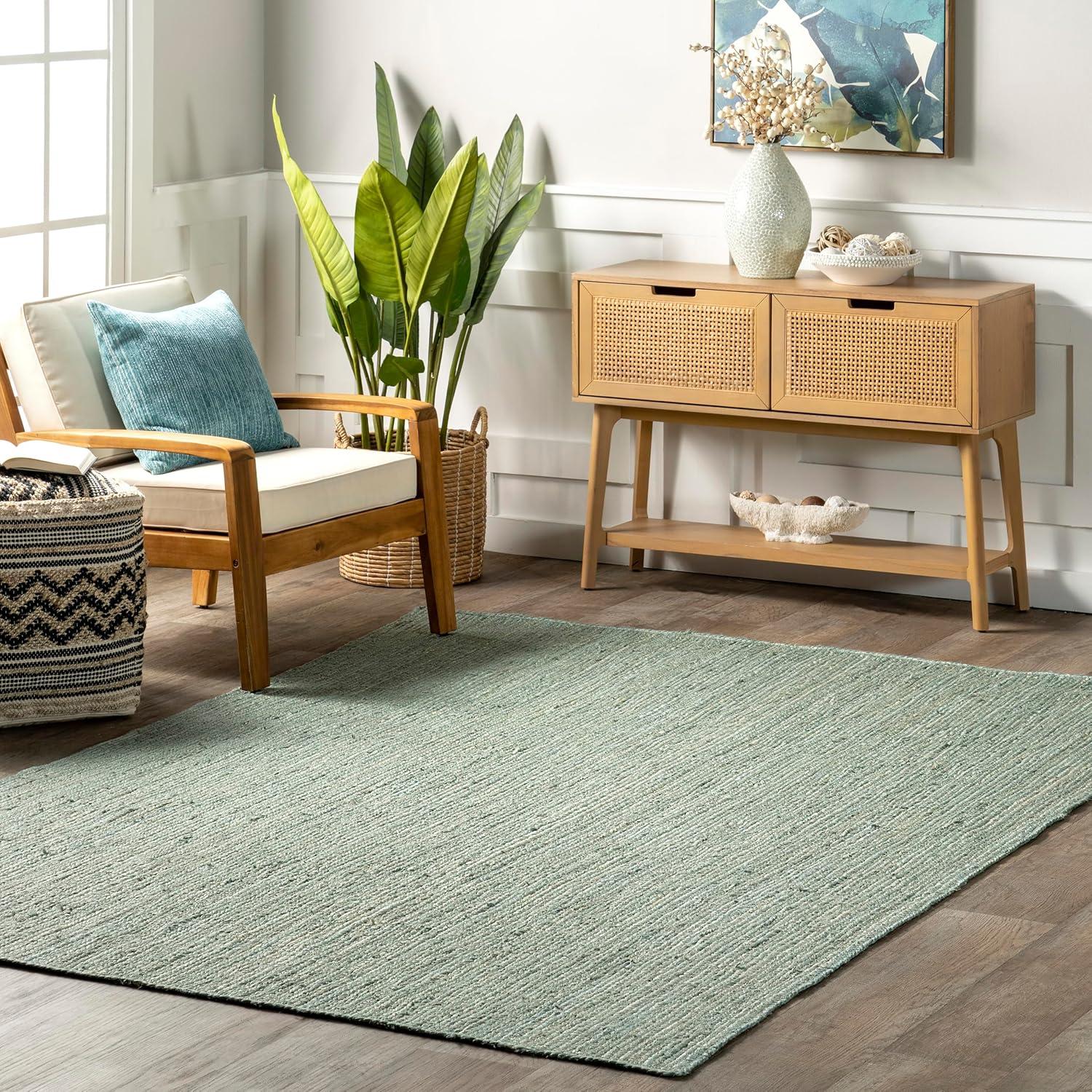 Nuloom 6x9 Rigo Jute Hand Woven Area Rug, Green, Solid Farmhouse Design, Natural Fiber Bedroom, Living Room, Kitchen
