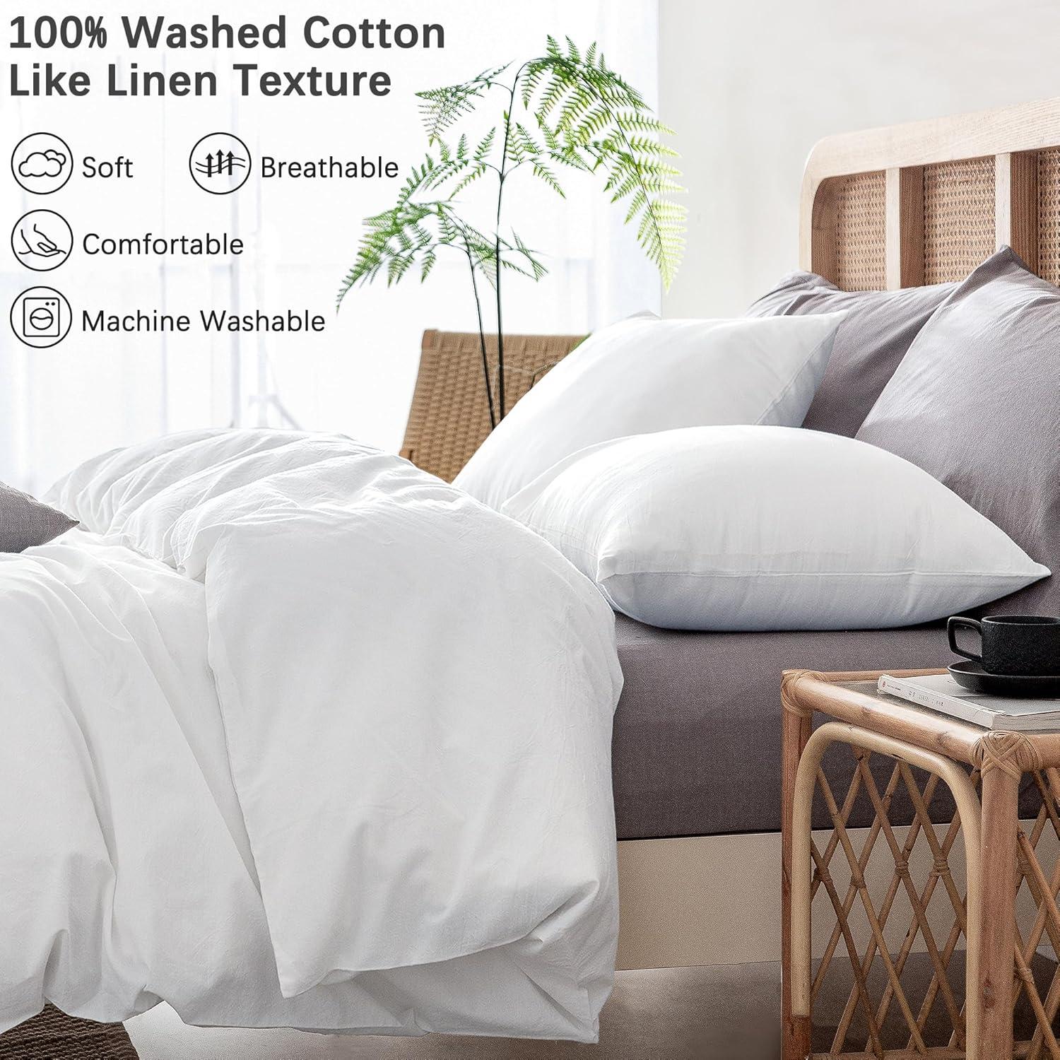 ATsense Duvet Cover King Size, 100% Washed Cotton Linen Feel Super Soft Comfortable, 3-Piece White Duvet Cover Bedding Set, Durable and Easy Care, Simple Style Farmhouse Comforter Cover