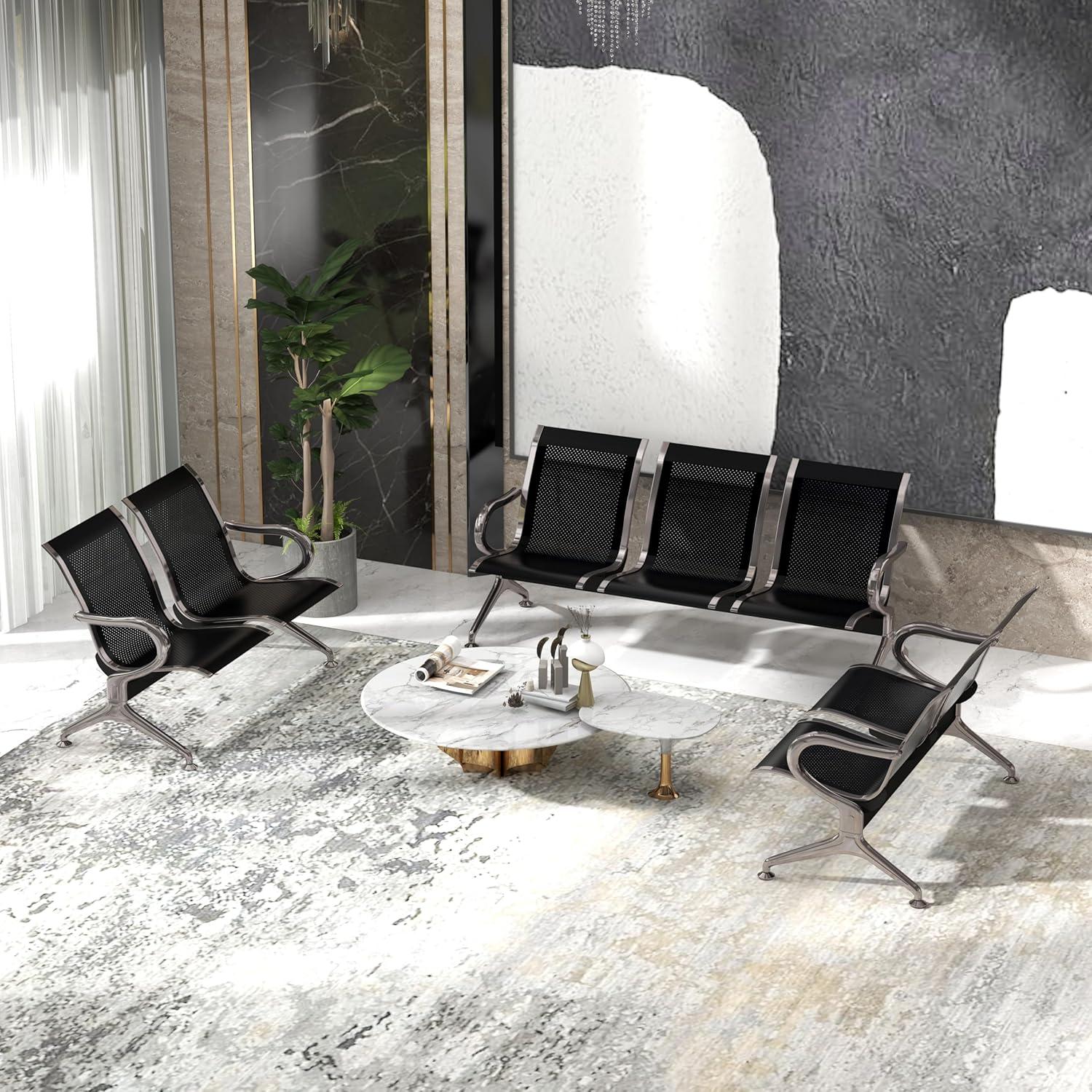 Kinbor Waiting Room Chairs, 3-Seat Reception Chairs Office Guest Waiting Furniture Bench Seating for Airport Bank Hospital, Black