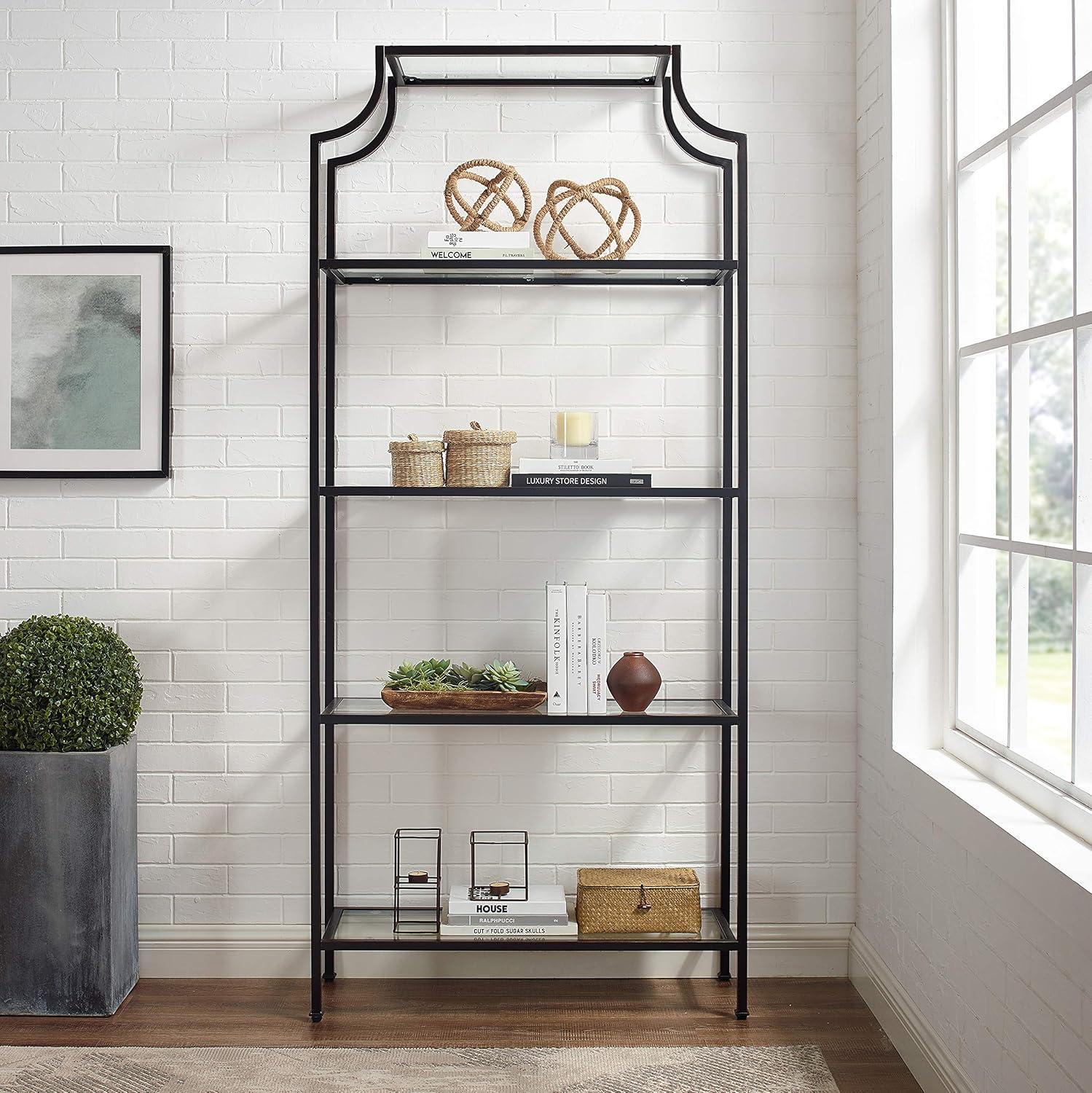 80" Aimee Glass Etagere Oil Rubbed Bronze - Crosley: Sturdy Steel Frame, 4 Fixed Shelves