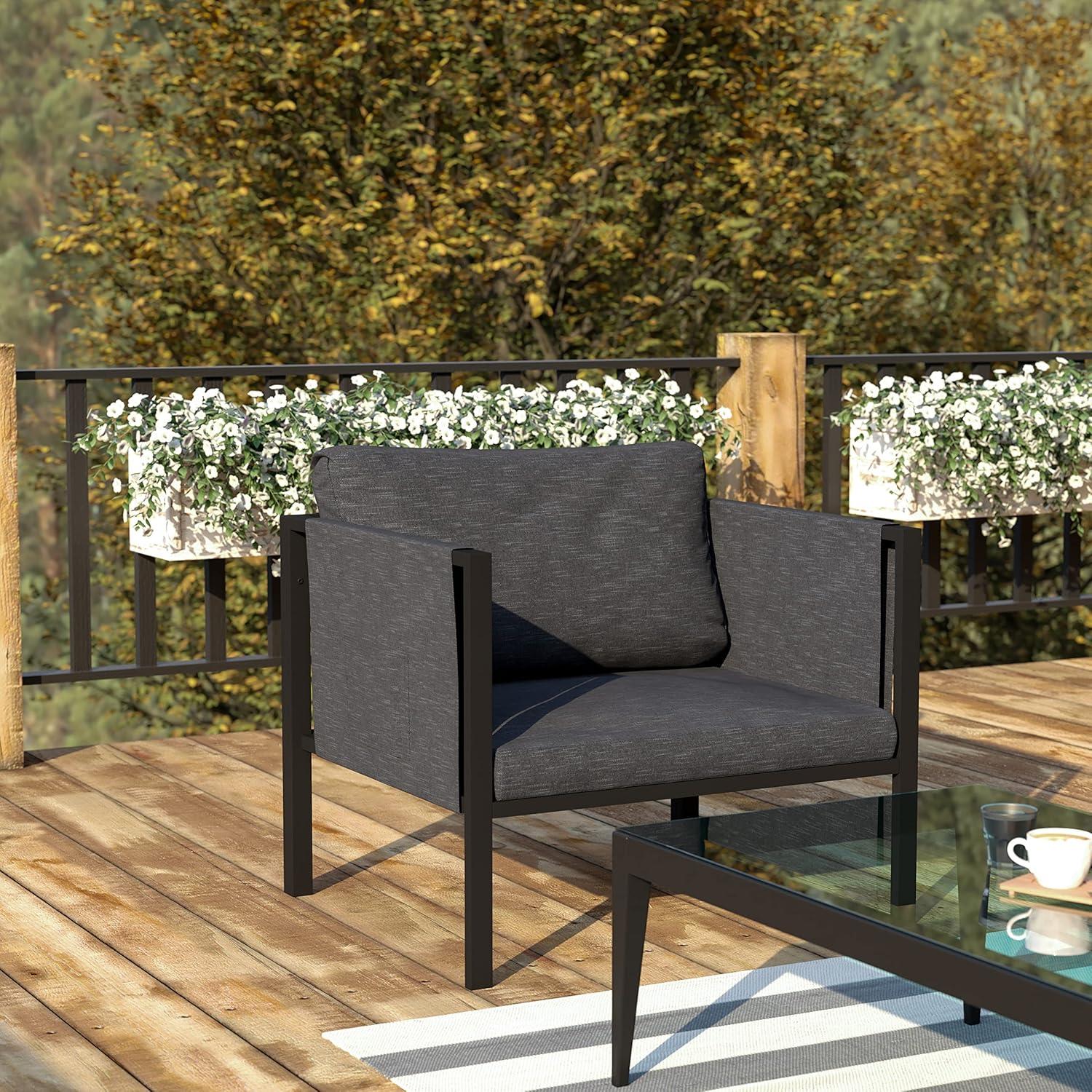 Flash Furniture Lea Indoor/Outdoor Patio Chair with Cushions - Modern Steel Framed Chair with Storage Pockets, Black with Charcoal Cushions