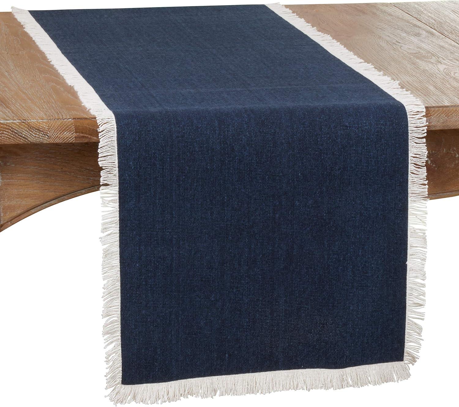 Saro Lifestyle Dining Table Runner With Fringe Borders, Navy Blue, 16" x 72"