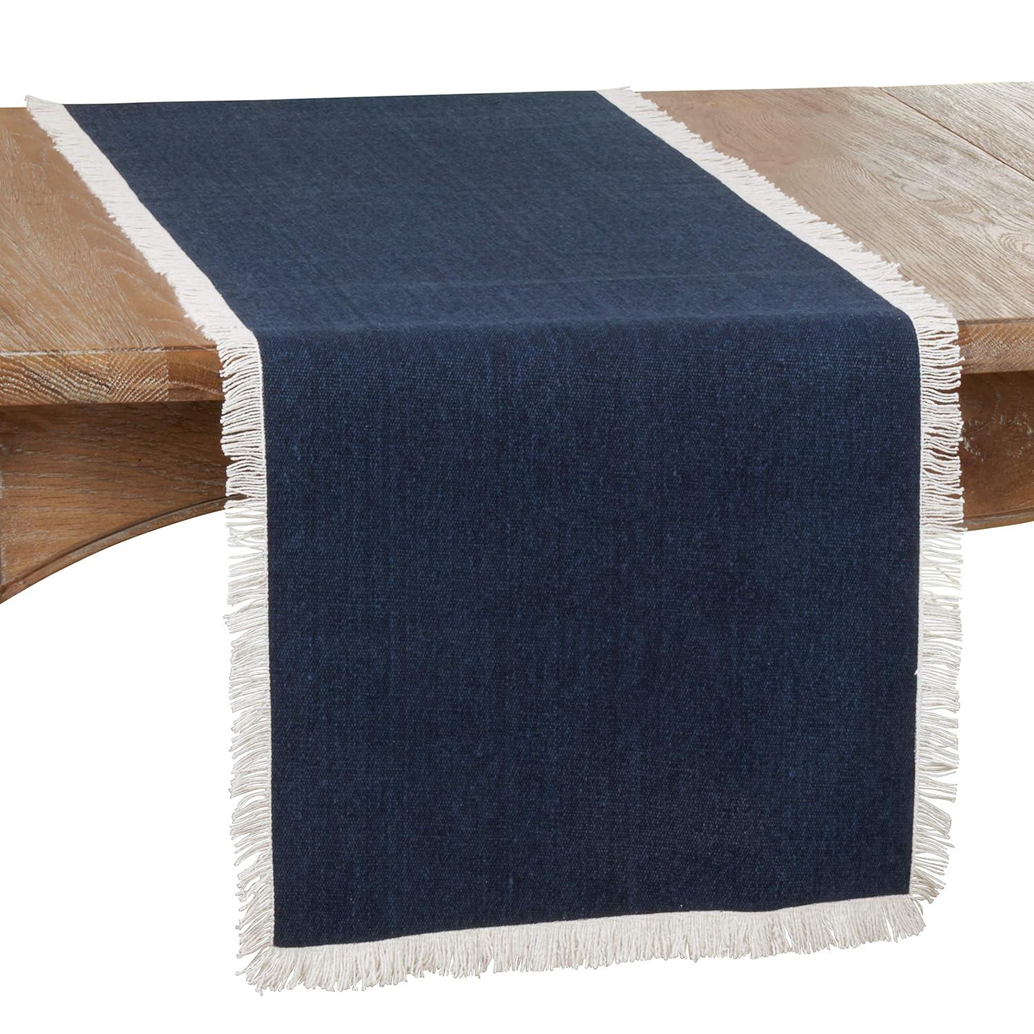 Saro Lifestyle Dining Table Runner With Fringe Borders, Navy Blue, 16" x 72"