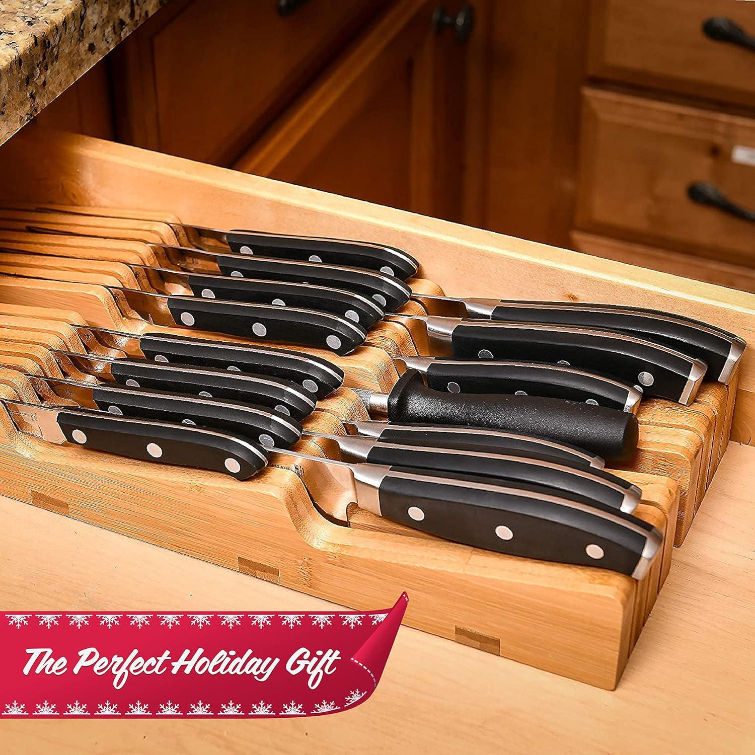 Homemaid Living In-Drawer Bamboo Knife Block - Holds 14 Knives Plus a Slot for Knife Sharpener - Premium Knife Drawer Organizer (2” Tall, 17” Deep)