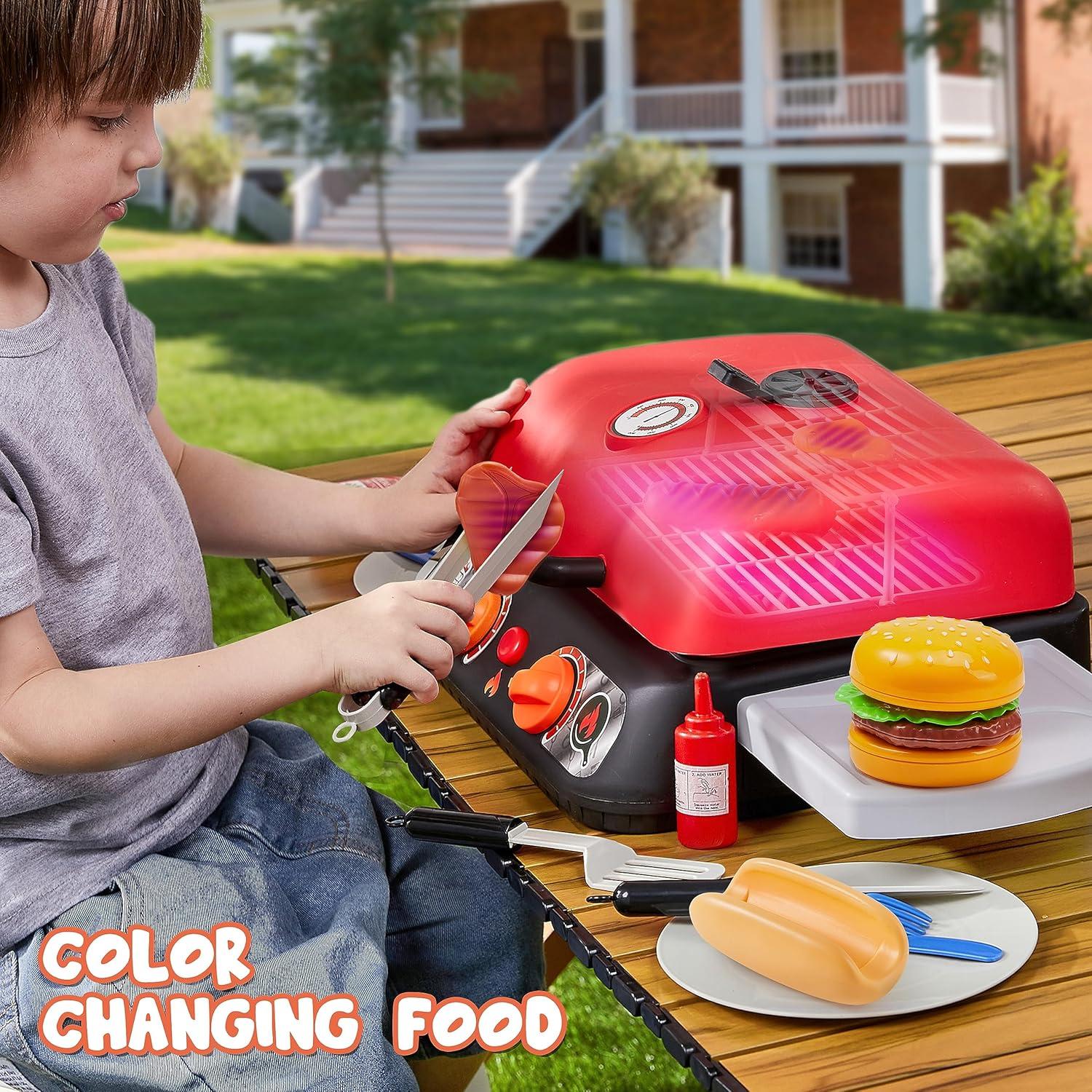 Kids BBQ Grill Playset, Kitchen Toy Set with Pretend Smoke, Light,Indoor Outdoor Cooking Toy for Boys Girls Kids