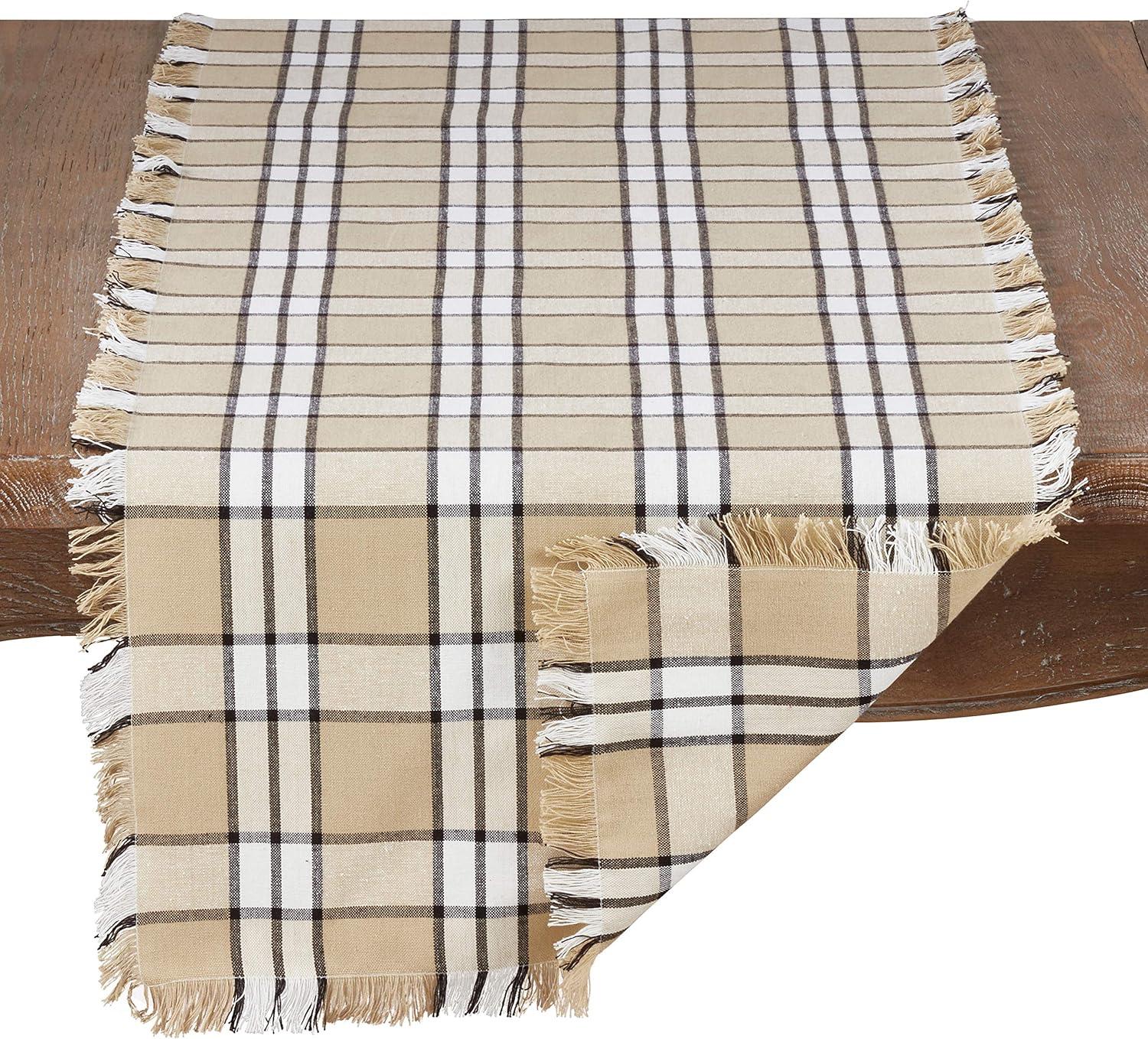 Khaki Plaid Cotton Table Runner with Fringe, 16" x 72"