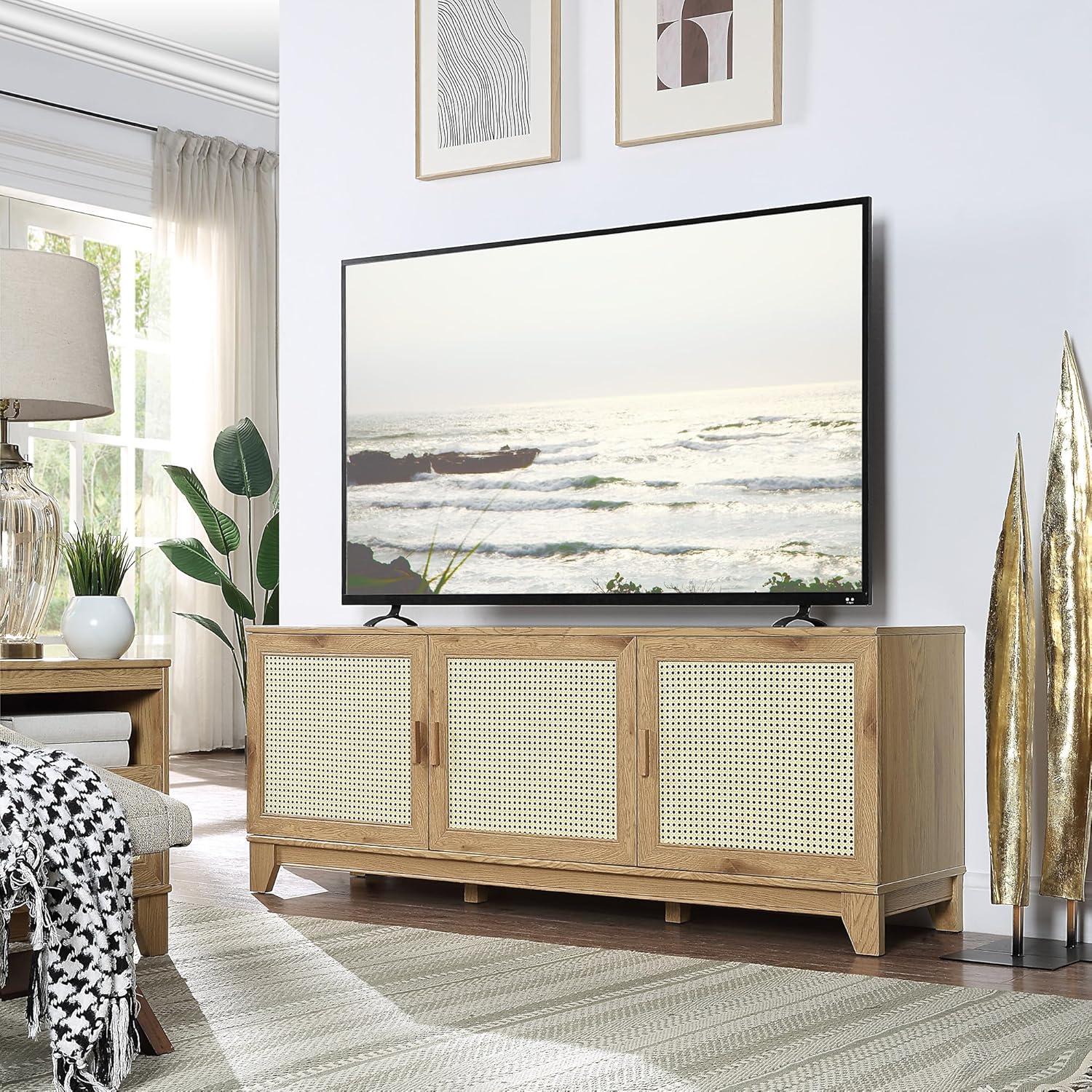 Manhattan Comfort Sheridan Modern 6 Shelf Cane TV Stand for TVs up to 55" Natural: Media Console with Cable Management