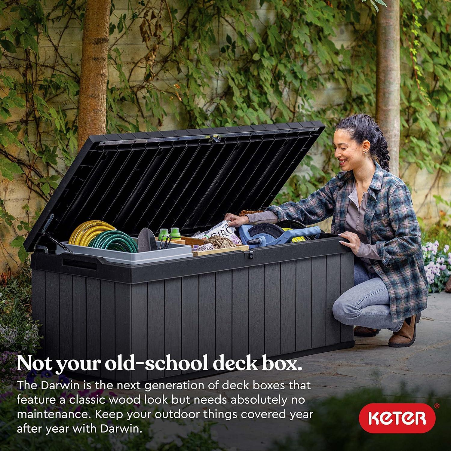 Keter Darwin 100 Gallon Durable Resin Outdoor Storage and Organization Deck Box Ideal For Garden Patio Furniture and Supplies, Graphite