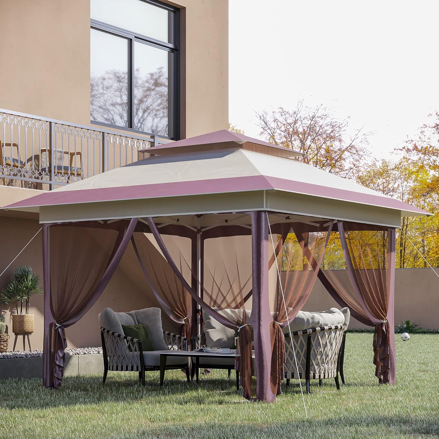 Beige 12' x 12' Pop Up Canopy Tent with Mesh Sidewalls