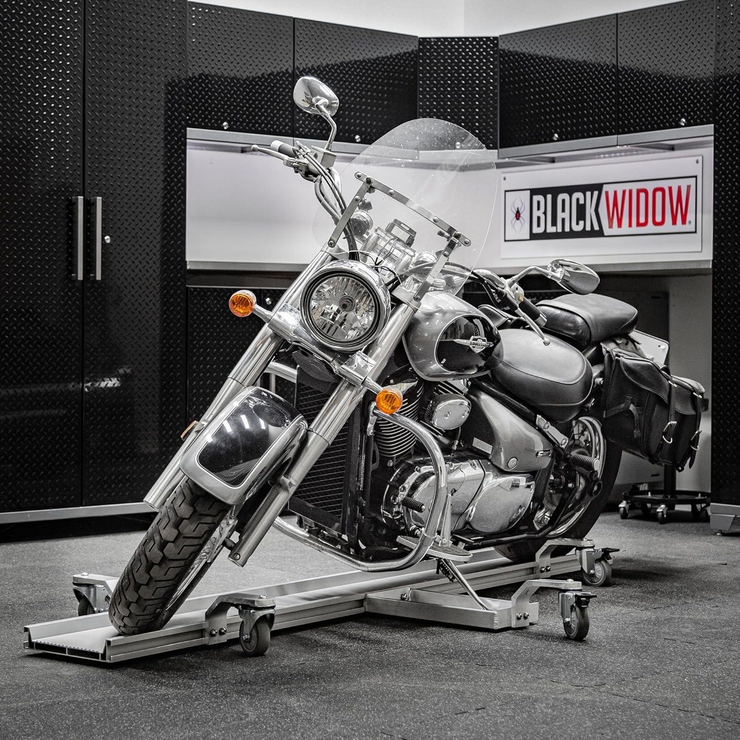 Black Widow Motorcycle Dolly with Fully Adjustable Kickstand Plate Locking Casters with Ride-On Load and Ride-Off Unload without Use of Ramp or Lever