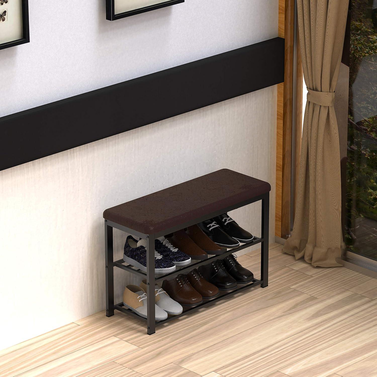 Bronze Metal and Faux Leather Entryway Shoe Rack Bench