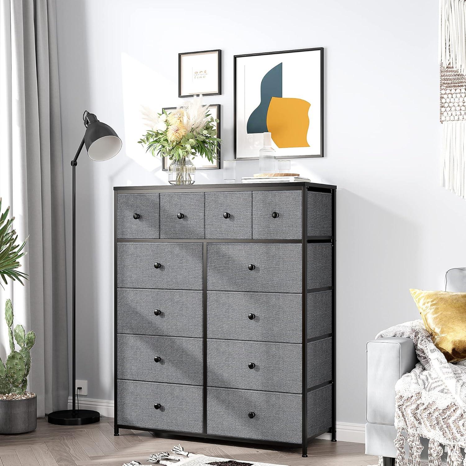 TiaGOC Dresser for Bedroom with 12 Drawers, Large Tall Dressers for Bedroom with Wooden Top and Metal Frame, Bedroom Dresser Dressers & Chests of Drawers Clearance, 40.6" W x 11.8" D x 43.7" H, Gray