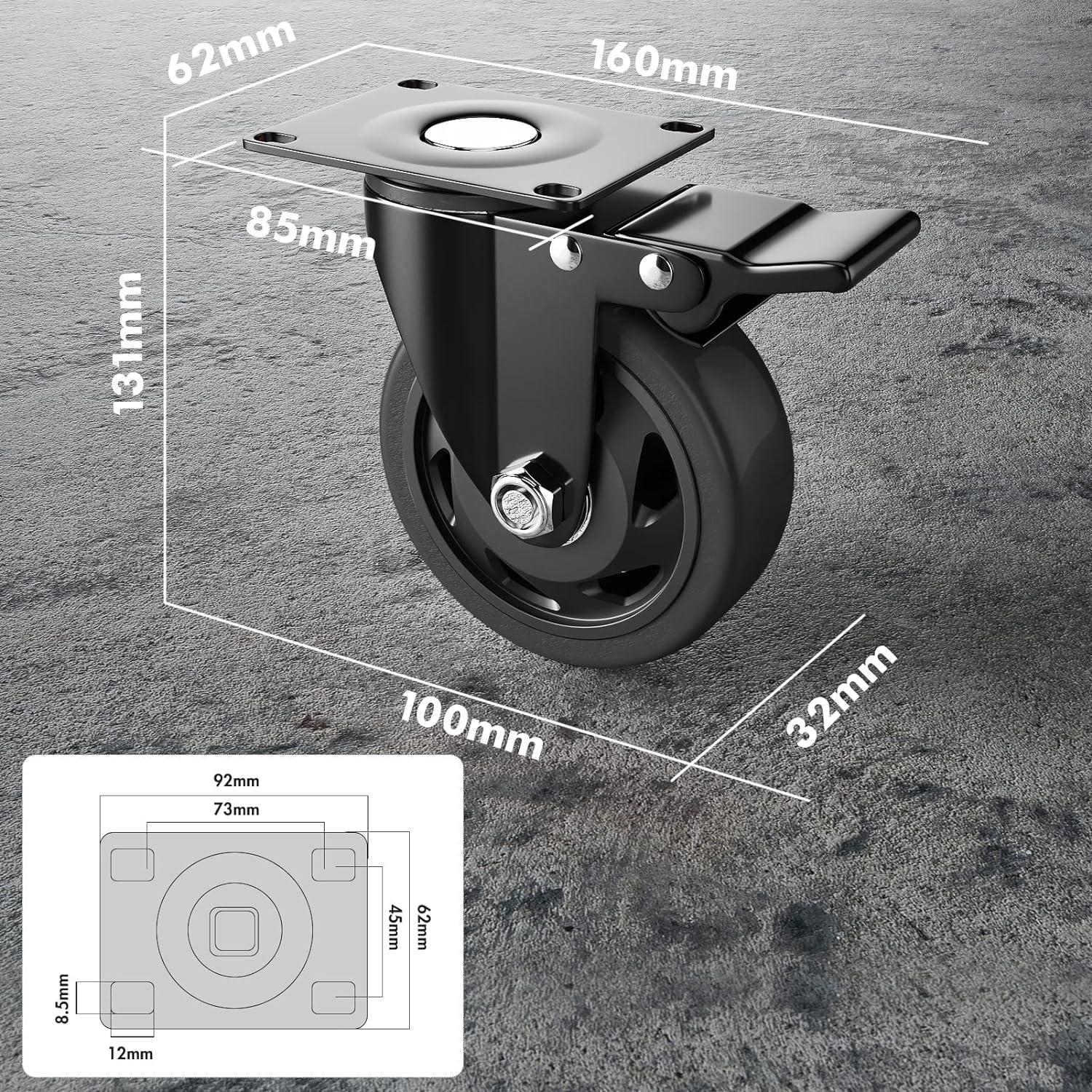 4-Inch Black Polyurethane Heavy Duty Caster Wheels Set