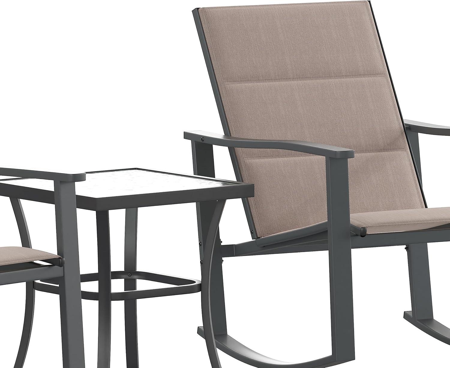 Flash Furniture Brazos 3 Piece Outdoor Rocking Chair Bistro Set with Flex Comfort Material and Steel Framed Glass Top Table, Brown/Black