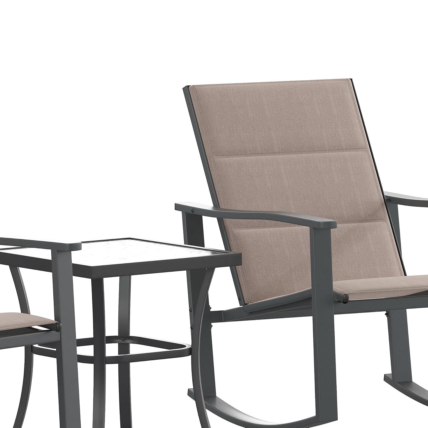 Flash Furniture Brazos 3 Piece Outdoor Rocking Chair Bistro Set with Flex Comfort Material and Steel Framed Glass Top Table, Brown/Black