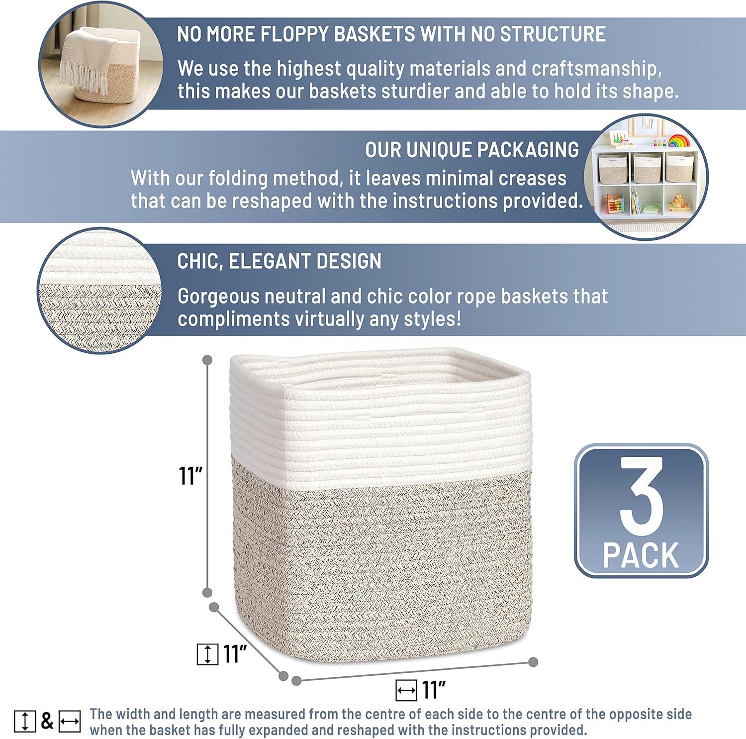 11x11x11 Woven Baskets for Storage - 3 Pack, Cotton Rope Baskets with Leather Handles, White & Light Brown - Cube Storage Organizer for Bedroom, Nursery Room, Living Room