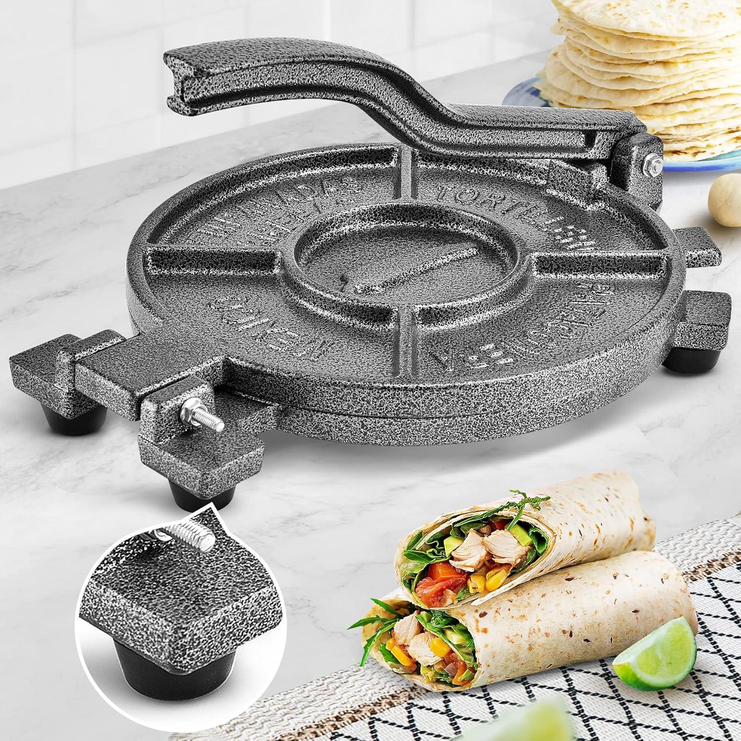 ARC Tortilla Press 10" with 100 Pcs Parchment Paper, Cast Iron Tortilla Maker, Black Gray