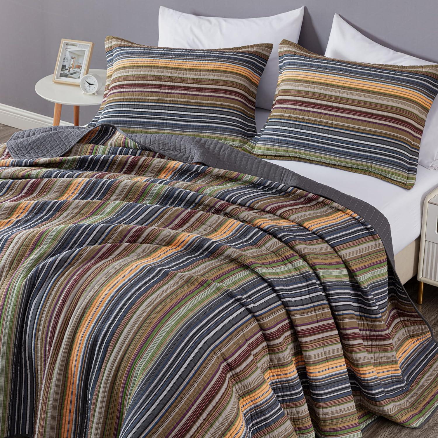 Chezmoi Collection Cotton Quilted Striped Quilt Set