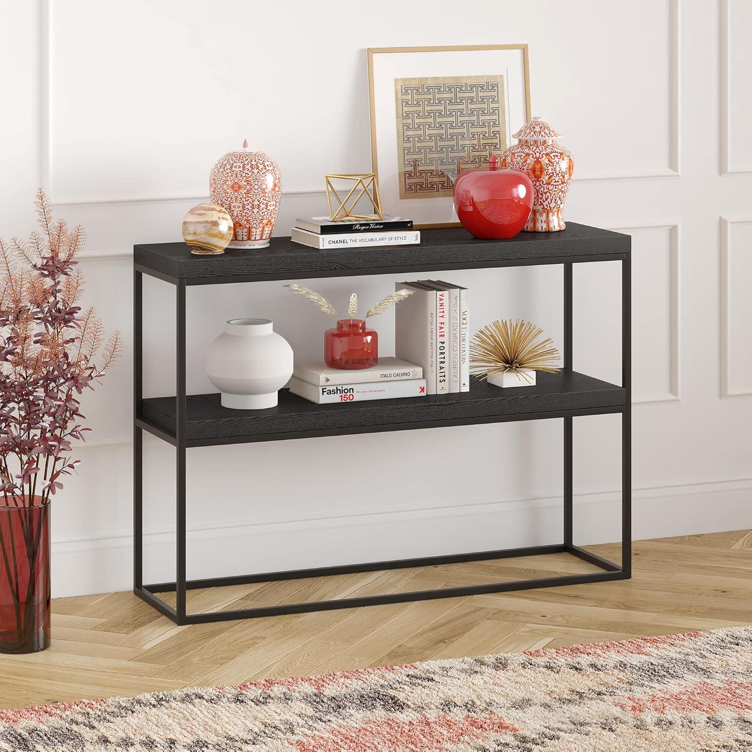 Edmund 42" Black Grain Metal & Wood Console Table with Geometric Frame