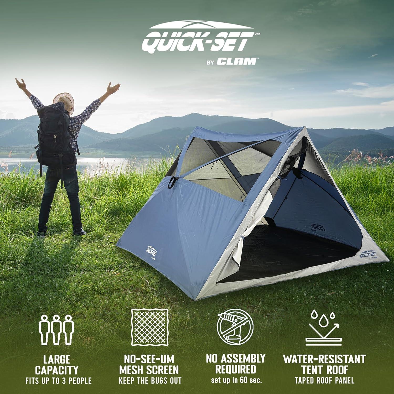 CLAM Quick-Set Apex A-Frame Tent, 8 x 8 Foot Portable Pop Up Tent Outdoor, 3 Person Camping Shelter with 2 Entry Doors & Rain Fly, Blue/Gray