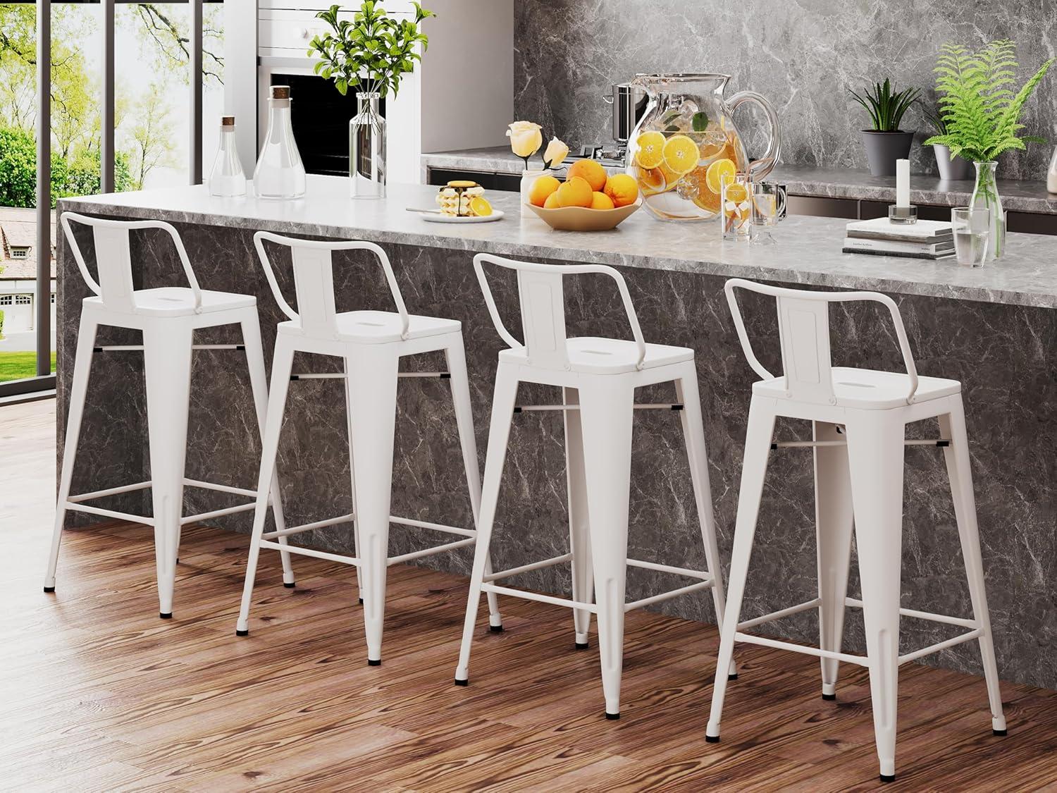 Set of 4 White Metal Bar Stools with Wooden Seats