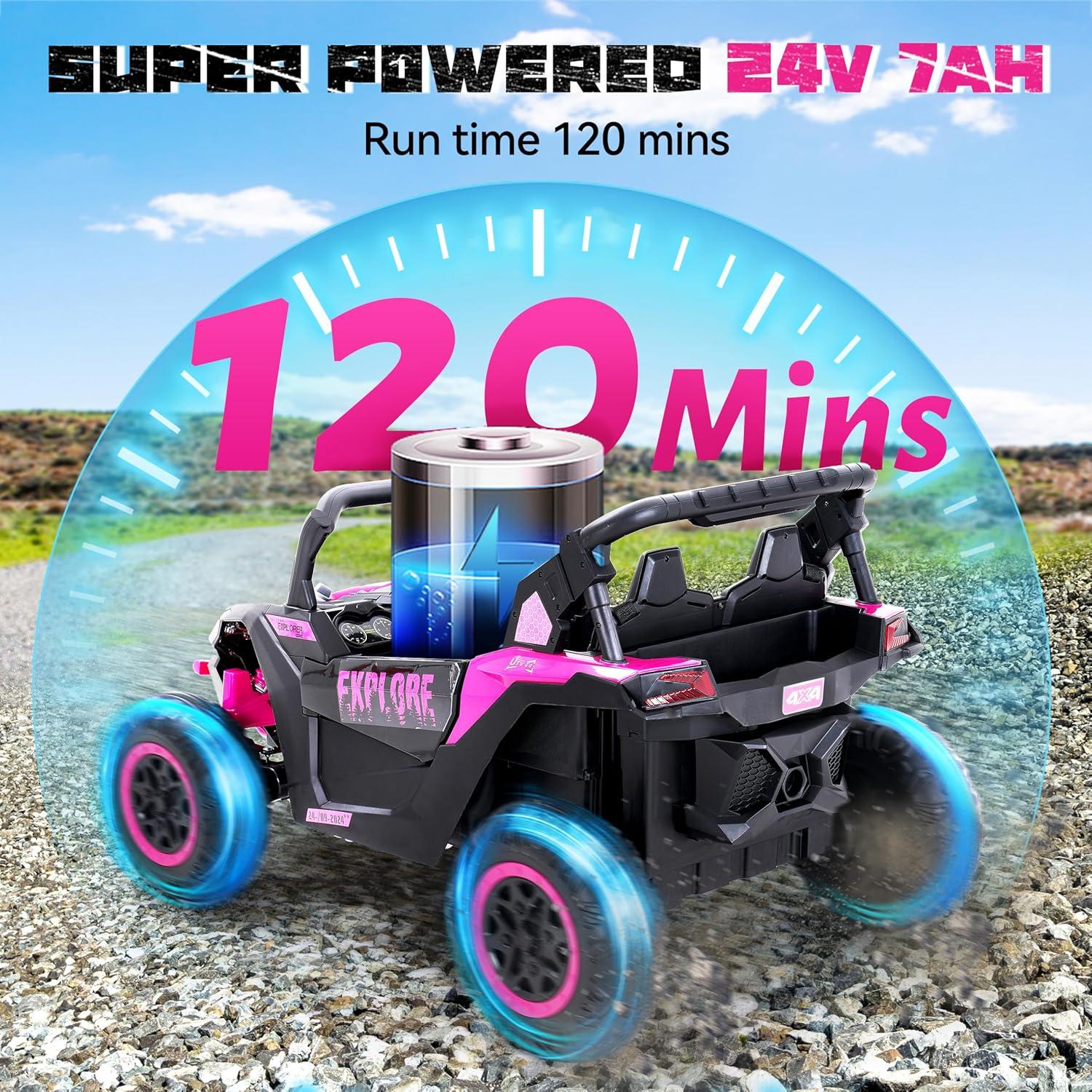 Yisufo 24V Kids Ride on Toys UTV with Remote Control,4WD 2 Seater Ride on Truck Car,7Ah Large Battery Electric Car with 3 Speed, LED Lights, Music for 3-8 Years Kids Pink
